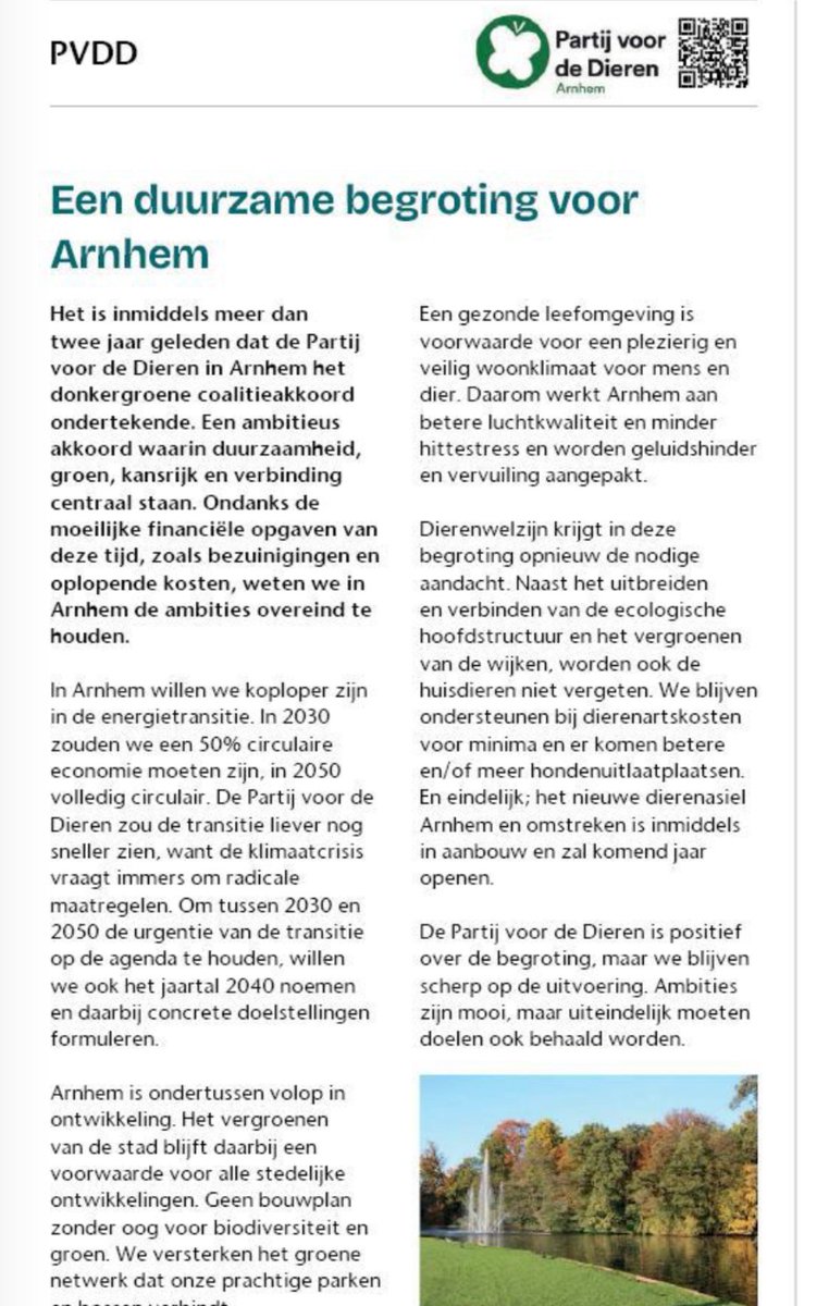 In de Arnhemse Koerier: waar moet het geld aan worden besteed? Ons antwoord: aan een groene, duurzame en diervriendelijke stad!