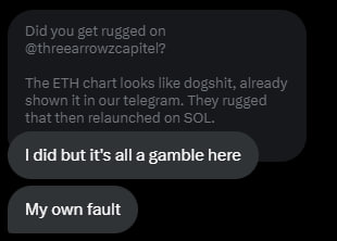 Isn't it wild that they are still out here rugging people? 

Influencers included, unless you are on the books of course.

Hi <a href="/zhusu/">Zhu Su</a> <a href="/KyleLDavies/">Kyle</a> <a href="/threearrowzcap/">Three Arrowz Capitel</a>  $3AC

#ThreeDildosCapital #3DC 🍆🍆🍆