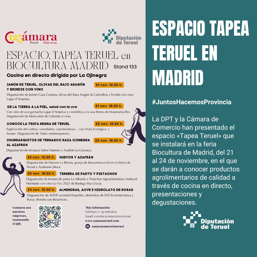 FERIAS 🎡

El stand 133 de la feria BIOCULTURA en Madrid acogerá a la #DPT y a la Cámara de Comercio de Teruel del 21 al 24 de noviembre. Se ha programado una serie de actividades como cocina en directo dirigida por La Ojinegra.

#DPT #JuntosHacemosProvincia