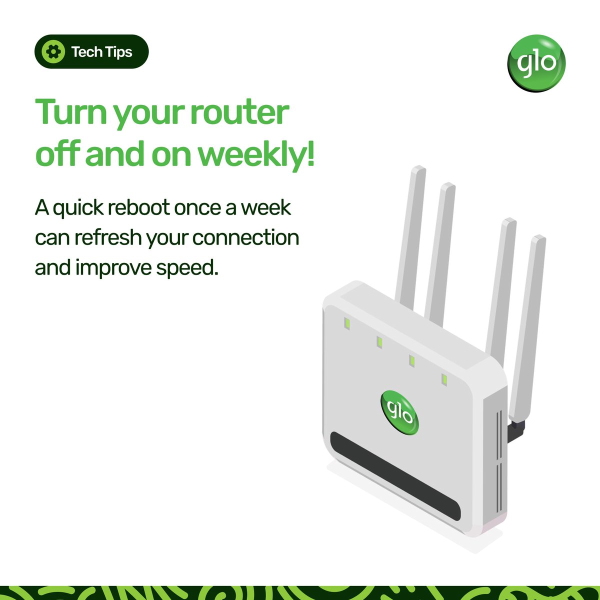 GloWorld's tweet photo. 💡 Did you know a quick router reboot can boost your browsing speed and keep your connection fresh? Make it a habit and enjoy smoother streaming and browsing! 🚀 #TechTips #InternetHacks #StayConnected https://t.co/vrKYic3e3f