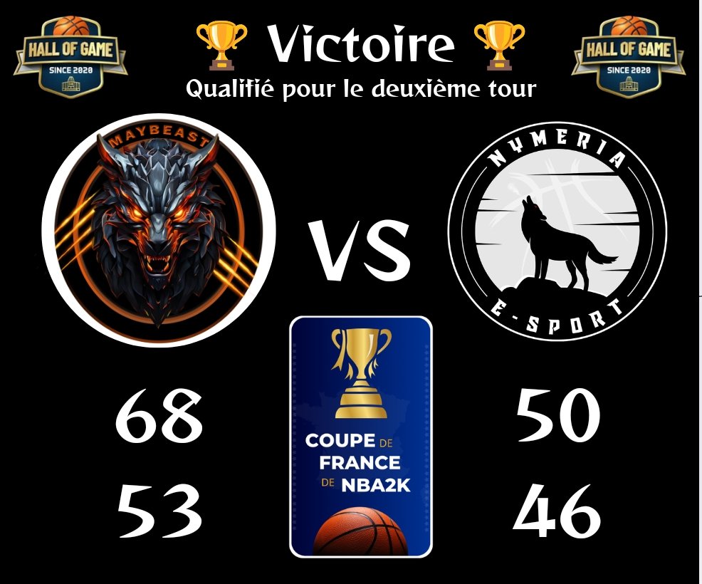 MayBeast2k (@maybeast2k) on Twitter photo 🇫🇷🏆 <a href="/HallofGameFR/">Hall of Game</a> 🏆🇫🇷
Coupe de France - 1er tour
<a href="/MayBeast2k/">MayBeast2k</a> 2-0 @Nymeria_2k
🎙️" C'est une victoire pour nous. Un tour de passé. Rdv au deuxième tour jeudi contre <a href="/FiveStars_GT/">CHAMPAGNE FIVE STARS 💫</a> "
Gg :
♟️ <a href="/DroxZ2k/">DroxZ-_2k</a>
🎯 <a href="/raxo933/">🇮🇷</a>
🔒<a href="/Ghxxsst932/">GhxxssT</a>
🪖<a href="/Funday2K/">OSL | Funday</a>
🛡️<a href="/LaurenceeeLovee/">LaurenceeLovee</a> 🇫🇷🏆 <a href="/HallofGameFR/">Hall of Game</a> 🏆🇫🇷
Coupe de France - 1er tour
<a href="/MayBeast2k/">MayBeast2k</a> 2-0 @Nymeria_2k
🎙️" C'est une victoire pour nous. Un tour de passé. Rdv au deuxième tour jeudi contre <a href="/FiveStars_GT/">CHAMPAGNE FIVE STARS 💫</a> "
Gg :
♟️ <a href="/DroxZ2k/">DroxZ-_2k</a>
🎯 <a href="/raxo933/">🇮🇷</a>
🔒<a href="/Ghxxsst932/">GhxxssT</a>
🪖<a href="/Funday2K/">OSL | Funday</a>
🛡️<a href="/LaurenceeeLovee/">LaurenceeLovee</a>