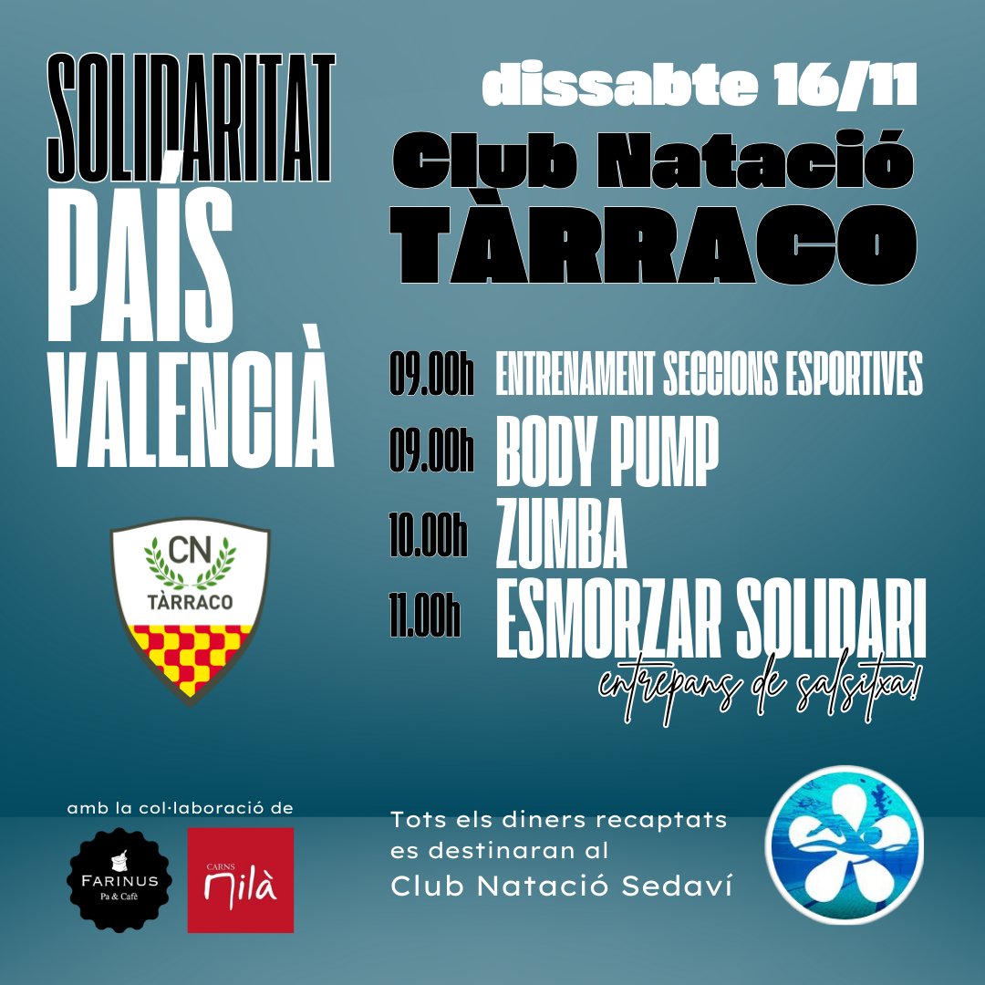 SOLIDARITAT
PAÍS VALENCIÀ ✊

El proper DISSABTE 16/11 durem a terme una JORNADA SOLIDÀRIA:

09.00h Entrenament seccions
09.00h Body pump
10.00h Zumba
11.00h Esmorzar solidari

Els diners que recollim seran destinats al CLUB NATACIÓ SEDAVÍ: ho han perdut tot.

No hi podeu faltar