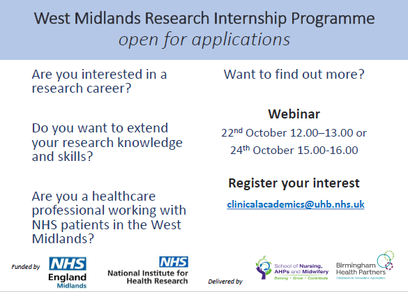 School of Nursing, AHPs and Midwifery (@uhb_son) on Twitter photo In case you missed it – a recorded version of the webinar to launch the new NIHR/NHSE Research Internship programmes is available here:
education.uhb.nhs.uk/clinical-educa…
<a href="/uhbtrust/">University Hospitals Birmingham</a> <a href="/UHBResearch/">UHB Research</a> <a href="/ProfAnnieT/">annietopping</a> <a href="/emmasuttPhysio/">Dr Emma Sutton</a> <a href="/RuthPearce18/">Ruth Pearce</a> <a href="/UHBTherapy/">UHB Therapy Services</a>
Deadline for applications: 25th Nov, 10am In case you missed it – a recorded version of the webinar to launch the new NIHR/NHSE Research Internship programmes is available here:
education.uhb.nhs.uk/clinical-educa…
<a href="/uhbtrust/">University Hospitals Birmingham</a> <a href="/UHBResearch/">UHB Research</a> <a href="/ProfAnnieT/">annietopping</a> <a href="/emmasuttPhysio/">Dr Emma Sutton</a> <a href="/RuthPearce18/">Ruth Pearce</a> <a href="/UHBTherapy/">UHB Therapy Services</a>
Deadline for applications: 25th Nov, 10am