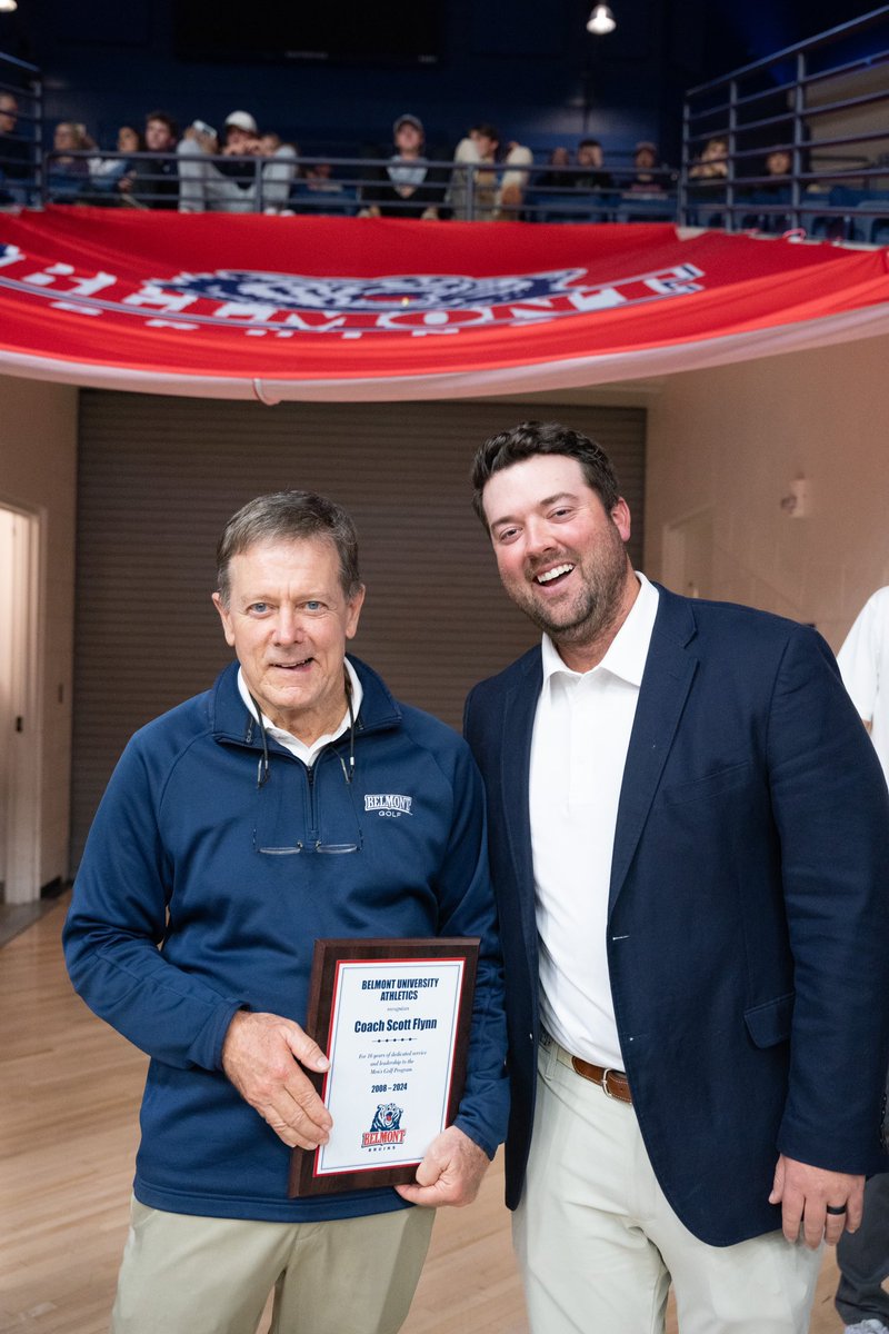 BelmontMGolf's tweet photo. Last Friday night, surrounded by many of his former players, we honored our recently retired head coach, Scott Flynn, for his contributions to the men’s golf program and Belmont Athletics for the past 16 years.  Thank you Scott! ⛳️🐻 #itsbruintime https://t.co/rW4gNofEh9