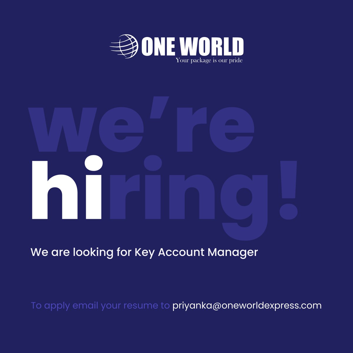 OneWorldExpress (@oneworldxpress) on Twitter photo Job Opportunity
We’re seeking a self driven and experienced professional to join our team and help nurture and grow key client relationships.
Send your resume to priyanka@oneworldexpress.com with KAM application in the subject line.
#Keyaccountmanger #workwithoneworld Job Opportunity
We’re seeking a self driven and experienced professional to join our team and help nurture and grow key client relationships.
Send your resume to priyanka@oneworldexpress.com with KAM application in the subject line.
#Keyaccountmanger #workwithoneworld
