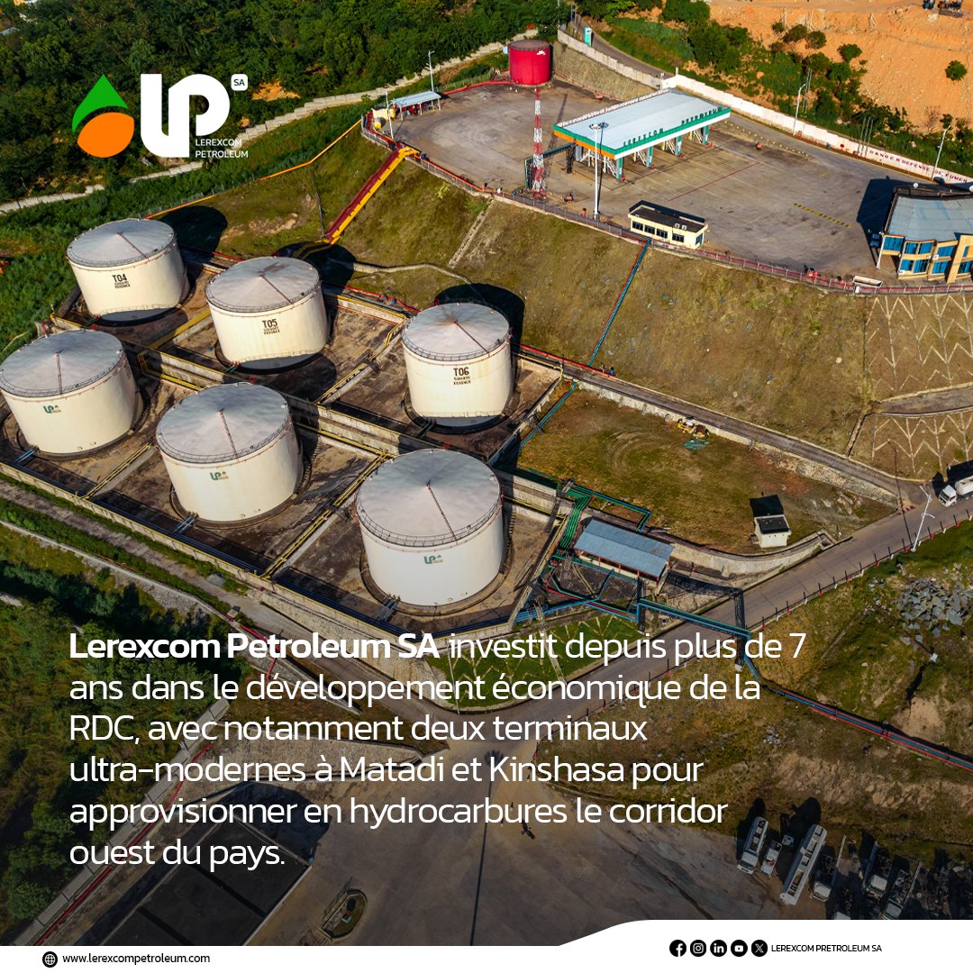 Lerexcom Petroleum SA investit massivement depuis plus de 7 ans pour le développement économique de la RDC.
Parmi ces investissements nous retrouvons deux terminaux ultras modernes à Matadi et à Kinshasa pour assurer l’approvisionnement en hydrocarbure.
#Service #Qualité #Réseaux
