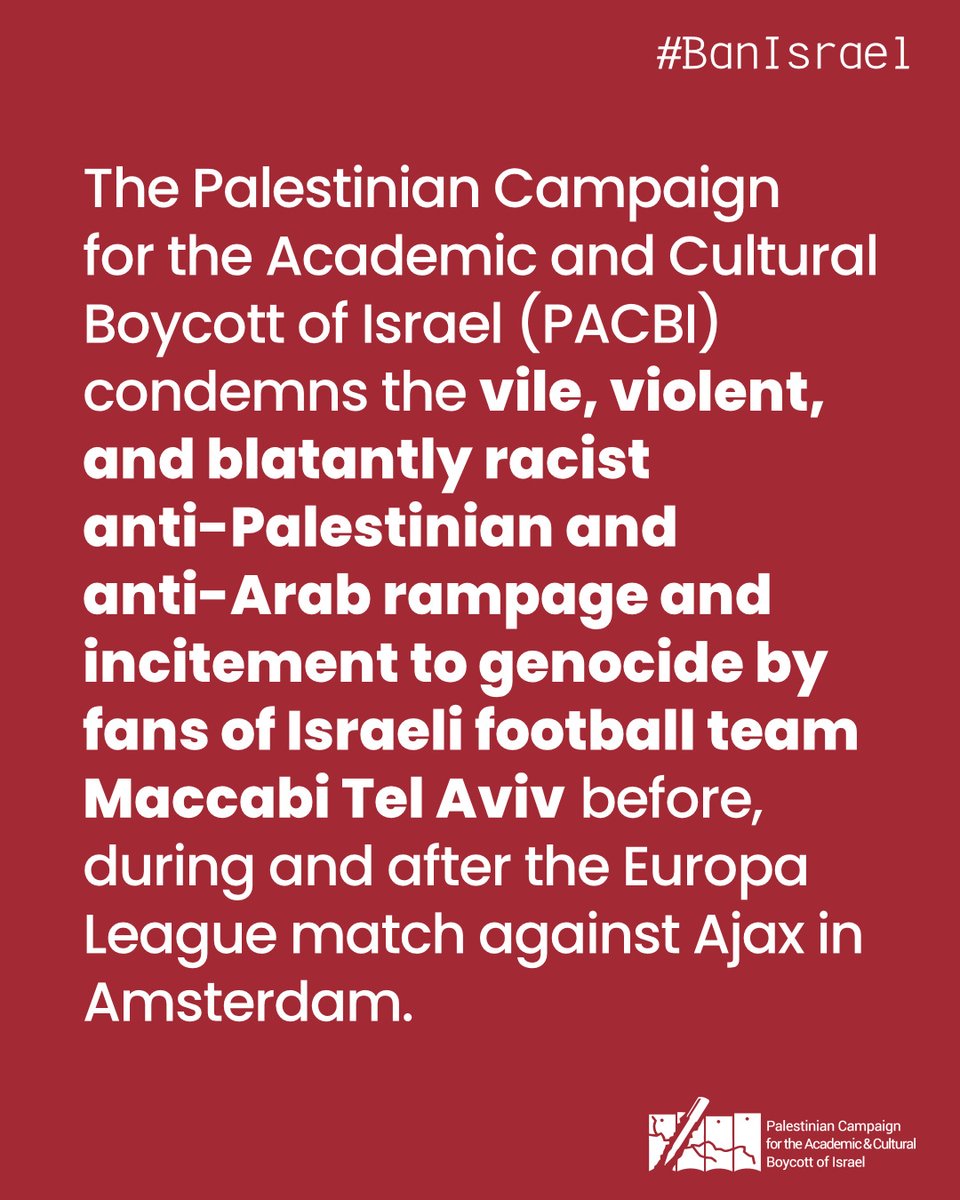 We condemn the vile, violent, and blatantly racist anti-Palestinian and anti-Arab rampage and incitement to genocide by fans of Israeli football team Maccabi Tel Aviv before, during and after the #EuropaLeague match against Ajax in Amsterdam. 

loom.ly/scBhgiI

#BanIsrael