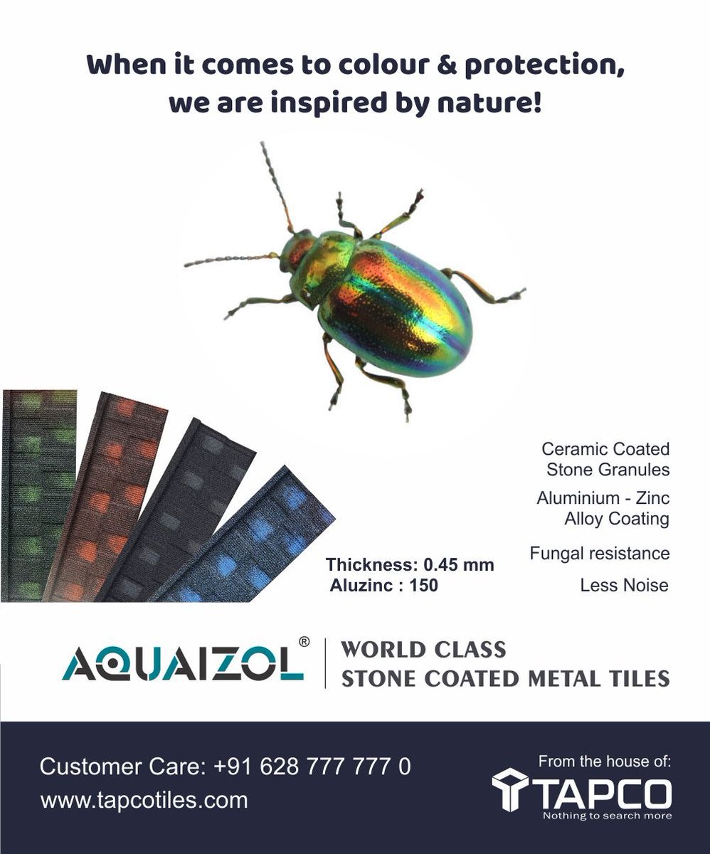 AQUAIZOL Stone coated metal tiles from TAPCO. Make your home colourful and well protected. A  world class roofing experience!

For all business inquiries, Please reach out to us
+91 9388773717
Visit - tapcotiles.com

#Aquaizol #TapcoTiles #StoneCoatedTiles