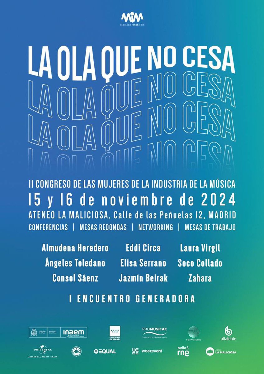 Loud Cave (@loudcave) on Twitter photo Los días 15/11 y 16/11 tendrá lugar el II Congreso de la <a href="/AsociacionMim/">ASOCIACIÓN MIM</a> en Ateneo La Maliciosa de Madrid para vivir dos jornadas de diálogo, reflexión y acción en pro de la igualdad en la industria musical 🌍🎤
🎟️ Obtén tu entrada gratuita en my.weezevent.com/la-ola-que-no-… Los días 15/11 y 16/11 tendrá lugar el II Congreso de la <a href="/AsociacionMim/">ASOCIACIÓN MIM</a> en Ateneo La Maliciosa de Madrid para vivir dos jornadas de diálogo, reflexión y acción en pro de la igualdad en la industria musical 🌍🎤
🎟️ Obtén tu entrada gratuita en my.weezevent.com/la-ola-que-no-…
