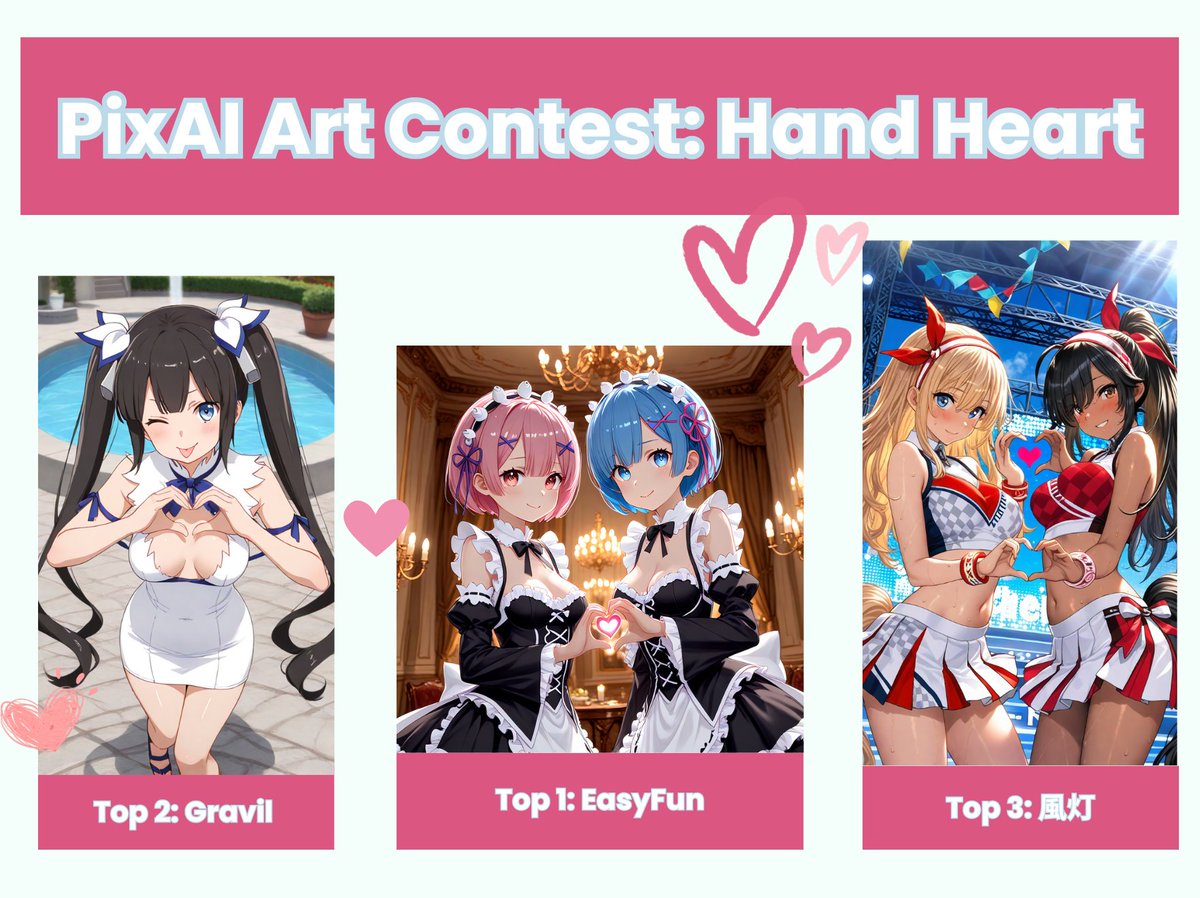 PixAI_Official's tweet photo. 🎉Thank you to all of y'all who participated in #PixAI #handheart themed contest!   

🥰Here are the top 3 winners of the contest! Meanwhile, we have sent credit gifts to top 30 winners. 🎁

See you next time!  #AIanimeart #AIart https://t.co/PEY66B6EDd