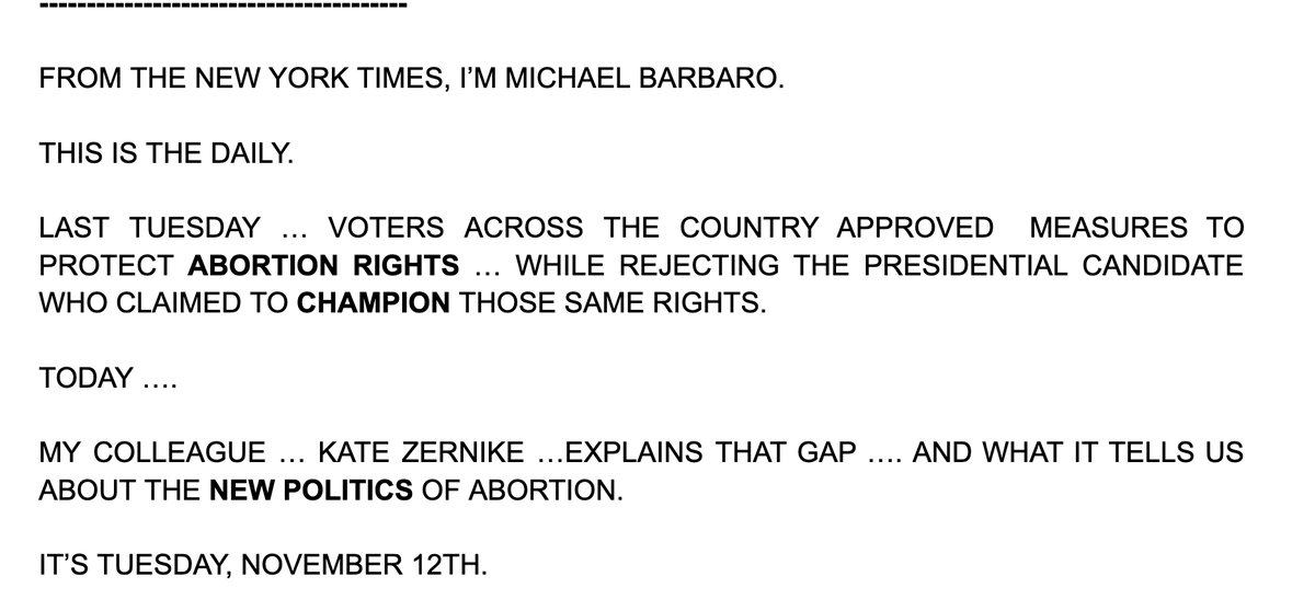 Michael Barbaro (@mikiebarb) on Twitter photo On today's Daily -- we tackle one of the election's biggest surprises: historic victories for abortion rights measures across 7 states, and why those victories didn't benefit the candidate who championed them, VP Kamala Harris.
The great <a href="/kzernike/">Kate Zernike</a> explains. On today's Daily -- we tackle one of the election's biggest surprises: historic victories for abortion rights measures across 7 states, and why those victories didn't benefit the candidate who championed them, VP Kamala Harris.
The great <a href="/kzernike/">Kate Zernike</a> explains.