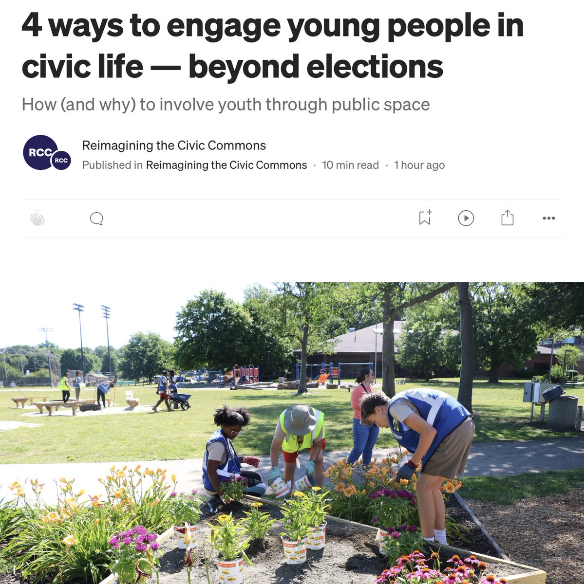 Civic Commons US (@civiccommonsus) on Twitter photo Many organizations and cities are innovating to meaningfully involve young people in community life.
Today we feature four programs doing just that.
<a href="/Veggielution/">Veggielution 👩🌾</a> <a href="/civic_lex/">CivicLex</a> <a href="/AKCivicCommons/">Akron Civic Commons</a> @towpathtrail #youth #civicengagement #publicspace #civiclife
medium.com/reimagining-th… Many organizations and cities are innovating to meaningfully involve young people in community life.
Today we feature four programs doing just that.
<a href="/Veggielution/">Veggielution 👩🌾</a> <a href="/civic_lex/">CivicLex</a> <a href="/AKCivicCommons/">Akron Civic Commons</a> @towpathtrail #youth #civicengagement #publicspace #civiclife
medium.com/reimagining-th…