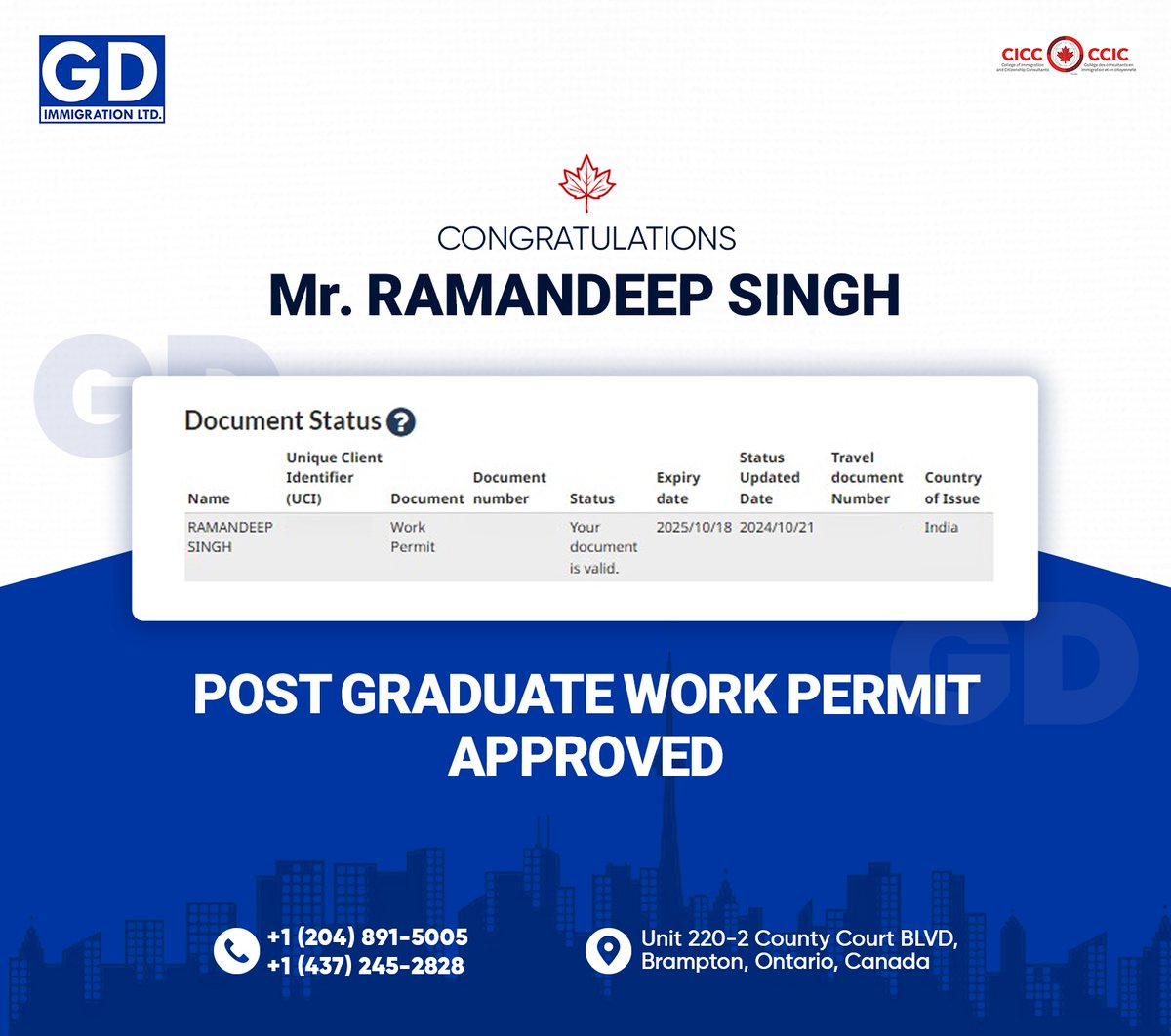 gurmilap27's tweet image. 🎉 Congratulations to Mr. Ramandeep Singh on the approval of his Post Graduation Work Permit!  🇨🇦

Need help with your work permit or career plans? Contact us for expert support! 📞
.
.
.
#GDImmigration #PGWP #WorkPermitSuccess #CanadaOpportunities #CareerGrowth #Immigration