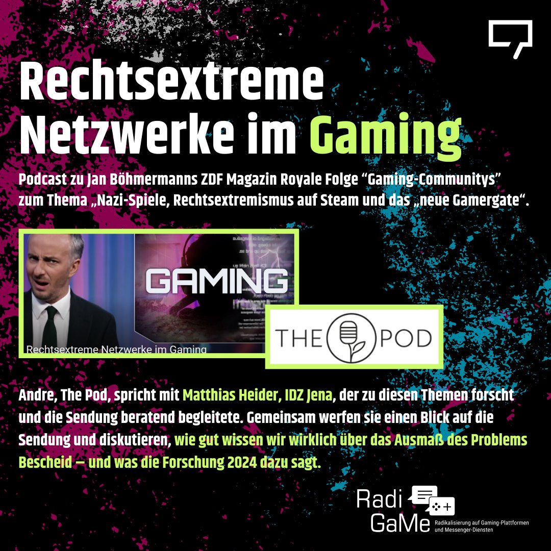 IDZ (@idz_jena) on Twitter photo Andre von <a href="/Gamespodcast_de/">Andre & Jochen & Seb</a> spricht mit <a href="/DerHeida/">Matthias Heider</a> (IDZ) über die <a href="/zdfmagazin/">ZDF Magazin Royale</a>-Folge "Gaming-Communitys" zum Thema „Nazi-Spiele, #Rechtsextremismus auf Steam & das „neue Gamergate“. Wie gut wissen wir über das Problem Bescheid & was sagt die akt. Forschung?
gamespodcast.de/2024/11/06/rec… Andre von <a href="/Gamespodcast_de/">Andre & Jochen & Seb</a> spricht mit <a href="/DerHeida/">Matthias Heider</a> (IDZ) über die <a href="/zdfmagazin/">ZDF Magazin Royale</a>-Folge "Gaming-Communitys" zum Thema „Nazi-Spiele, #Rechtsextremismus auf Steam & das „neue Gamergate“. Wie gut wissen wir über das Problem Bescheid & was sagt die akt. Forschung?
gamespodcast.de/2024/11/06/rec…