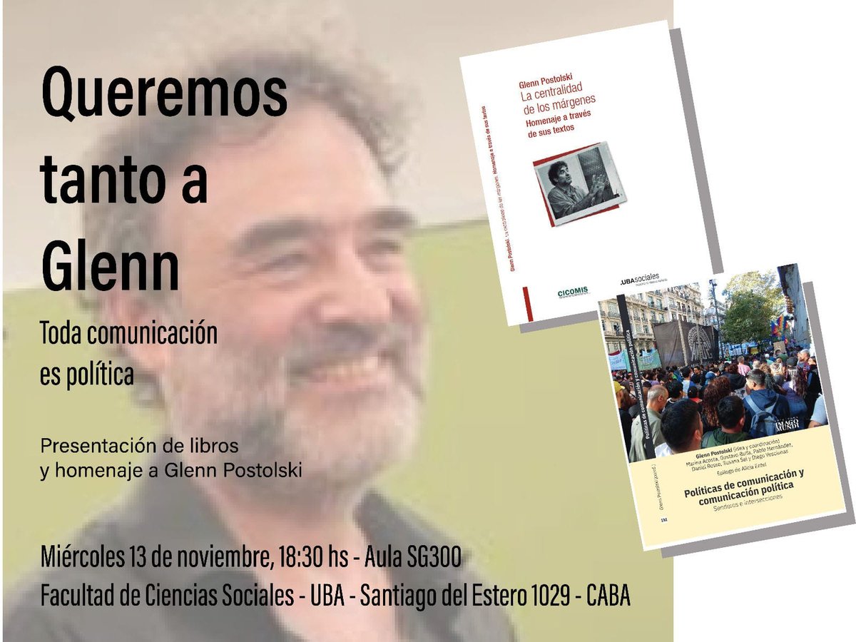 📌 Mañana recordamos y homenajeamos a  nuestro querido amigo y compañero Glenn presentando un libro con textos suyos y otro en homenaje a él. 

A las 18:30 hs en el aula 300 SG de <a href="/ubasociales/">UBA Sociales | #FSOC #UBA</a>.

¡Nos vemos ahí!