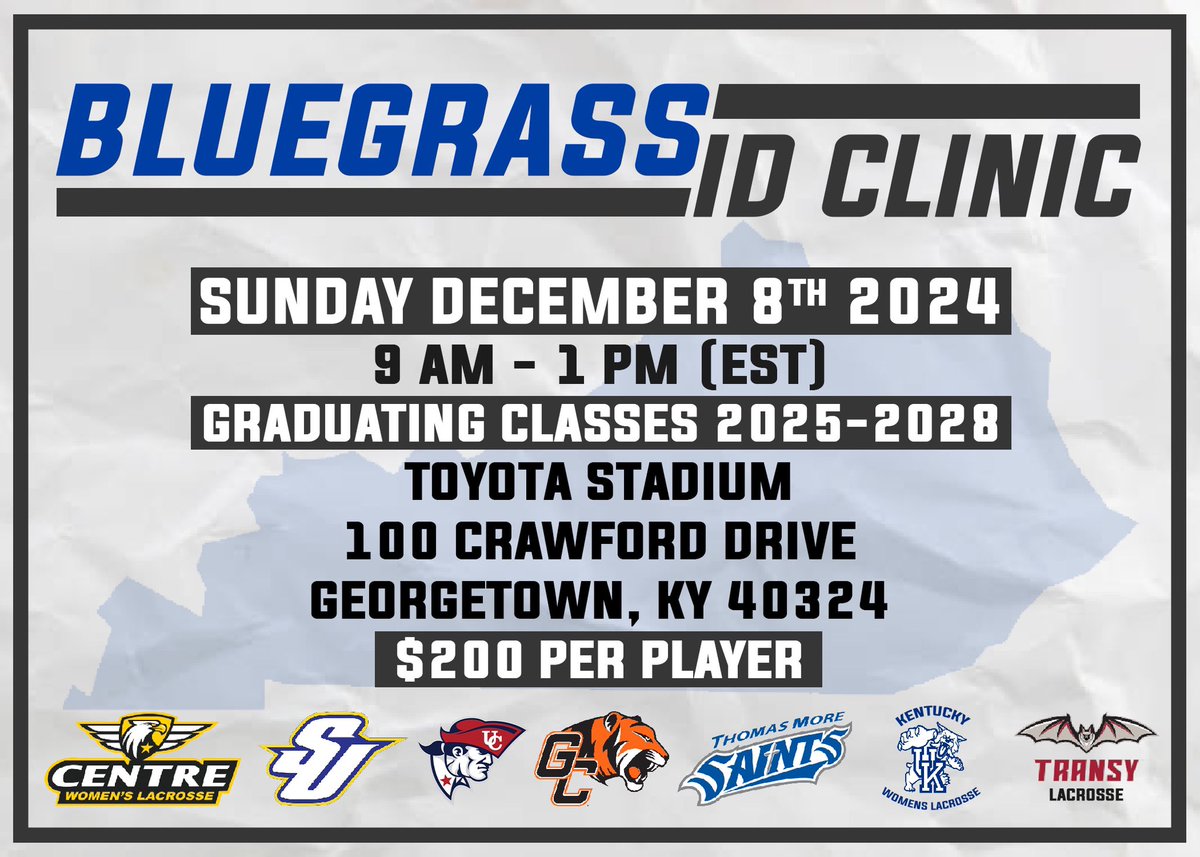 TMU Women’s Lacrosse (@tmu_wlacrosse) on Twitter photo 🚨 Bluegrass ID Clinic
🗓️ Dec. 8
🕥 9am-1pm
🏟️ Toyota Stadium
📍 Georgetown, KY
———
All interested athletes, please contact Head Coach Pat Thatcher at thatchp@thomasmore.edu! 🚨 Bluegrass ID Clinic
🗓️ Dec. 8
🕥 9am-1pm
🏟️ Toyota Stadium
📍 Georgetown, KY
———
All interested athletes, please contact Head Coach Pat Thatcher at thatchp@thomasmore.edu!