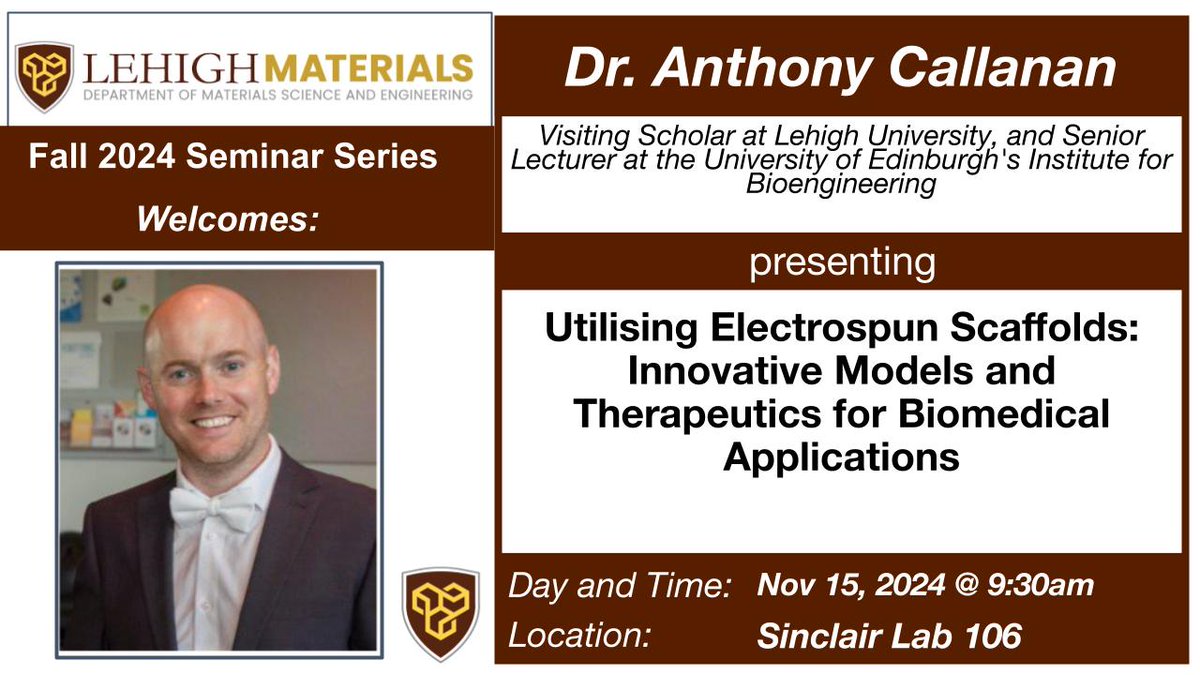 This week, the MSE Dept. will host Dr. Anthony Callanan from the University of Edinburgh for a seminar titled "Utilising Electrospun Scaffolds: Innovative Models and Therapeutics for Biomedical Applications" on Friday, 11/15 at 9:30am in Sinclair Lab 106.