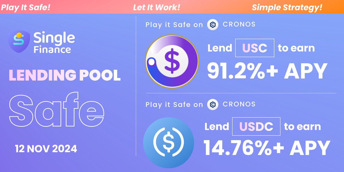 Are you guys taking profit from the bull run? 🐂 🏃‍♂️‍

Earn yield with stable coins with Single Finance on Cronos! 💎

Safe and Stable:
$USC = 91.2% APY
$USDC = 14.76% APY

Earn Now➡️ : app.singlefinance.io/lend

#CronosChain #cronos #crofam