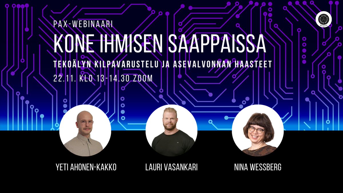 📣 Tällä viikolla tapahtuu! Ilmoittaudu jo tänään webinaariin tekoälystä, tappajaroboteista ja niiden vaikutuksista sodankäyntiin. Nähdään linjoilla perjantaina! us06web.zoom.us/meeting/regist… 
#tekoäly #AIEthics