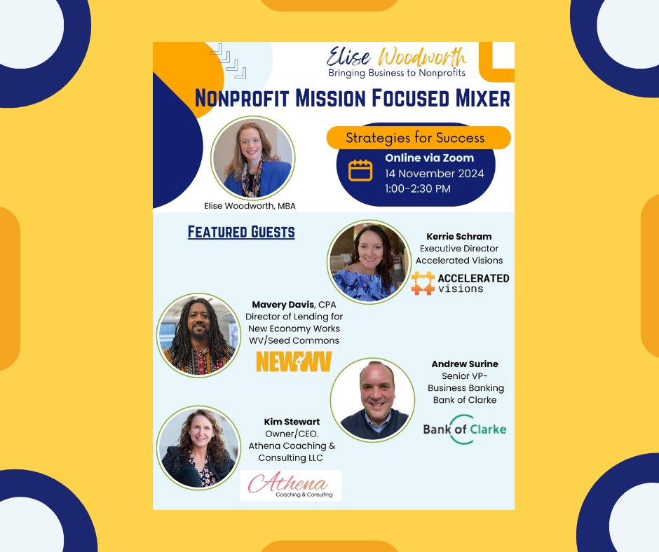 Accel_Visions's tweet image. Embracing or bracing for year-end? Either way, let’s refocus this Thursday at 1 PM ET for the Nonprofit Mission-Focused Mixer hosted by Elise Woodworth. Join us and special guests Kim Stewart, Mavery Davis, &amp;amp; Andrew Surine for “Strategies for Success.” #NonprofitNetwork