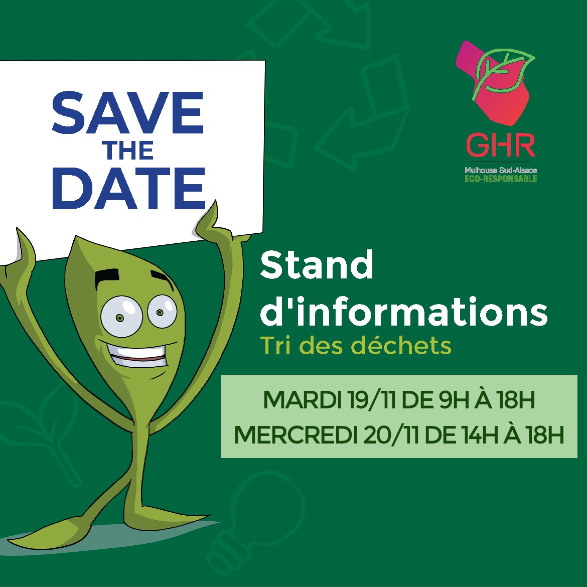 [#EVENEMENT] Dans le cadre de la Semaine Européenne de la Réduction des Déchets (#SERD) 🚮, informez-vous sur le tri des déchets 🌿 dans le hall de l'#hôpital Emile Muller
📆 Mardi 19 novembre, de 9h à 18h
📆 Mercredi 20 novembre, de 9h à 18h