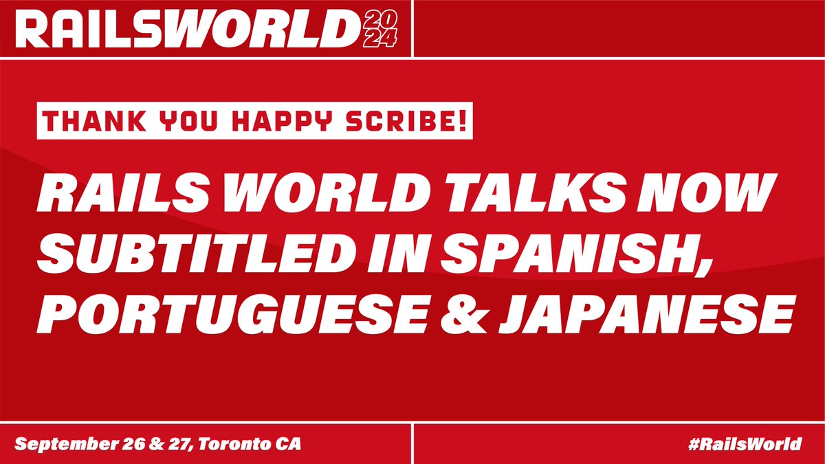 Ruby on Rails (@rails) on Twitter photo Thanks to our sponsor <a href="/happy_scribe/">Happy Scribe</a>, all #RailsWorld 2024 videos are now available with Japanese, Brazilian Portuguese, and Spanish subtitles. All videos have also been re-edited to focus more on the presentations. rubyonrails.org/2024/11/12/rai… Thanks to our sponsor <a href="/happy_scribe/">Happy Scribe</a>, all #RailsWorld 2024 videos are now available with Japanese, Brazilian Portuguese, and Spanish subtitles. All videos have also been re-edited to focus more on the presentations. rubyonrails.org/2024/11/12/rai…