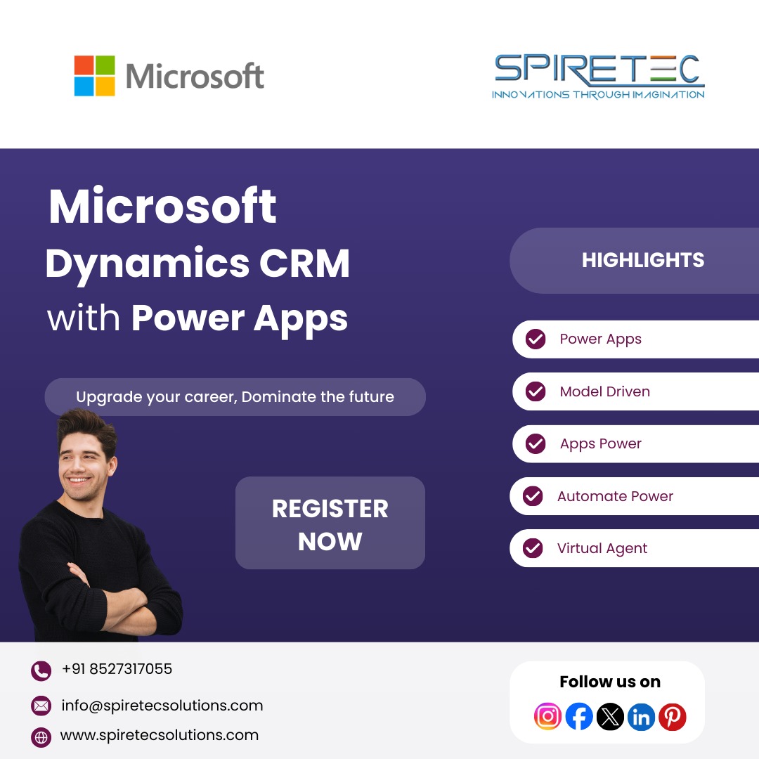 Spiretec_Train's tweet image. Upgrade your career with our #MicrosoftDynamicsCRM with Power Apps Training Course! Learn to streamline customer interactions, enhance productivity, and develop custom business applications with ease.
Call on: +91 85273 17055
Visit us at: spiretecsolutions.com