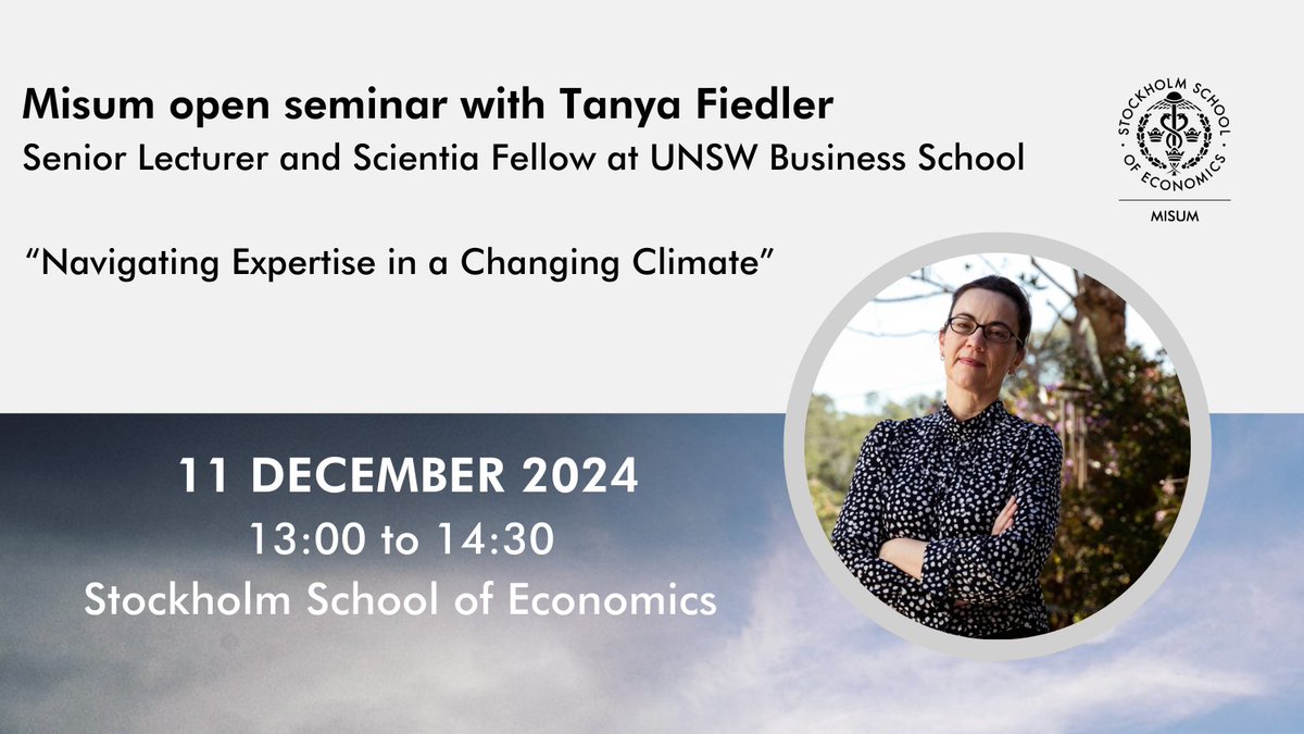 Interested in climate risk accounting and expertise?

Join us for a Misum Open Seminar on “Navigating Expertise in a Changing Climate” with Dr. Tanya Fiedler, University of New South Wales, Sydney. 
 
🗓️December 11, 2024 
📷13 - 14.30
➡️Sign up: forms.office.com/Pages/Response…
