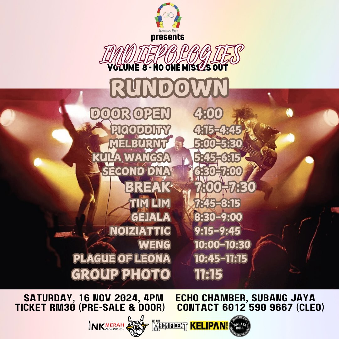 Come join us this Saturday, 16th November at Echo Chamber, Subang Jaya

INDIEPOLOGIES volume 8 by Spectrum Rays

We'll be on stage sharp at 10PM

Contact 0125909667 (Cleo) for tickets today!