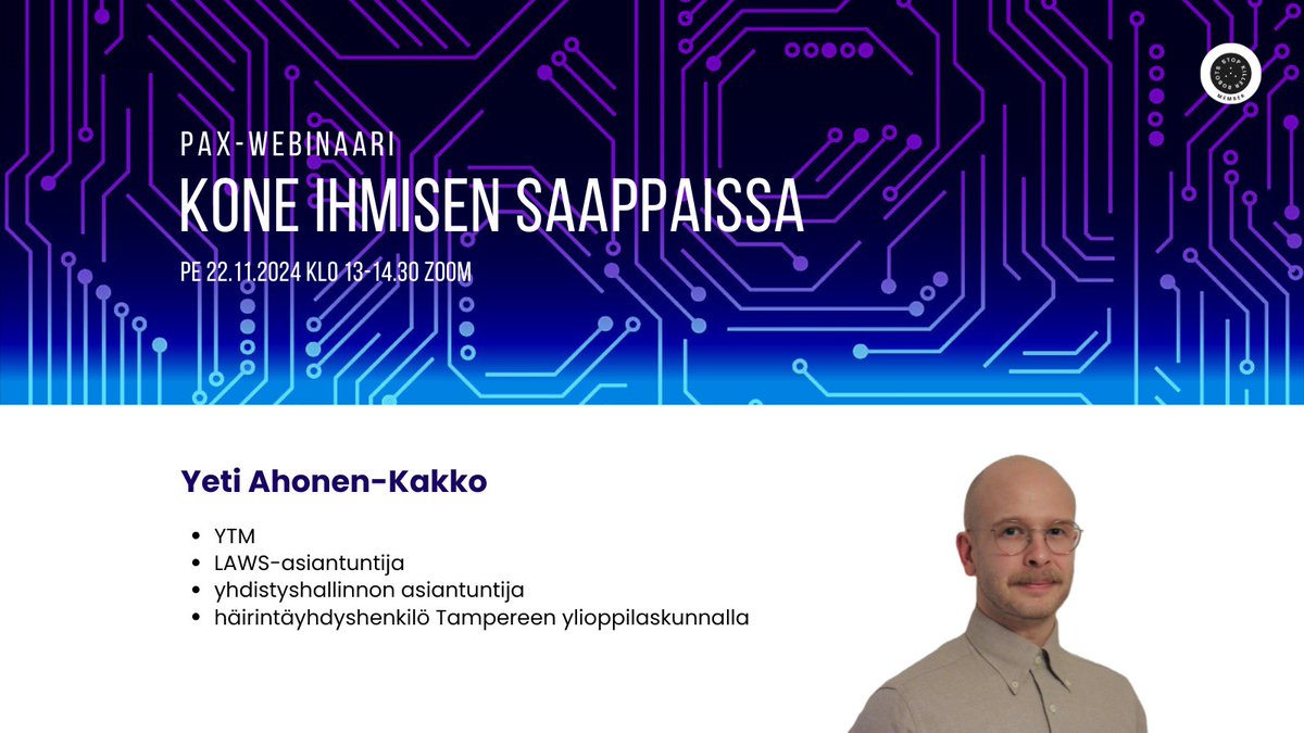 Pian valmis YTM <a href="/YetiKakko/">Yeti Kakko</a> kertoo meille webinaarissa kansainvälisen sopimisen solmukohdista ja siitä, mitä autonomisten aseiden säätelyssä tapahtuu.

Ilmoittaudu mukaan jo tänään: us06web.zoom.us/meeting/regist…