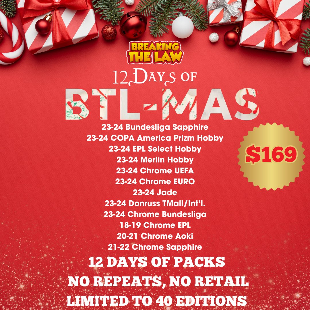 Imagine waking up for 12 days in December with a new soccer hobby pack to rip &amp; share hits with your friends. The 12 Days of BTL-MAS Advent Calendar has 12 days of unique soccer pack ripping fun for less than the cost of a hobby box of Chrome. Join here: bit.ly/btldiscord