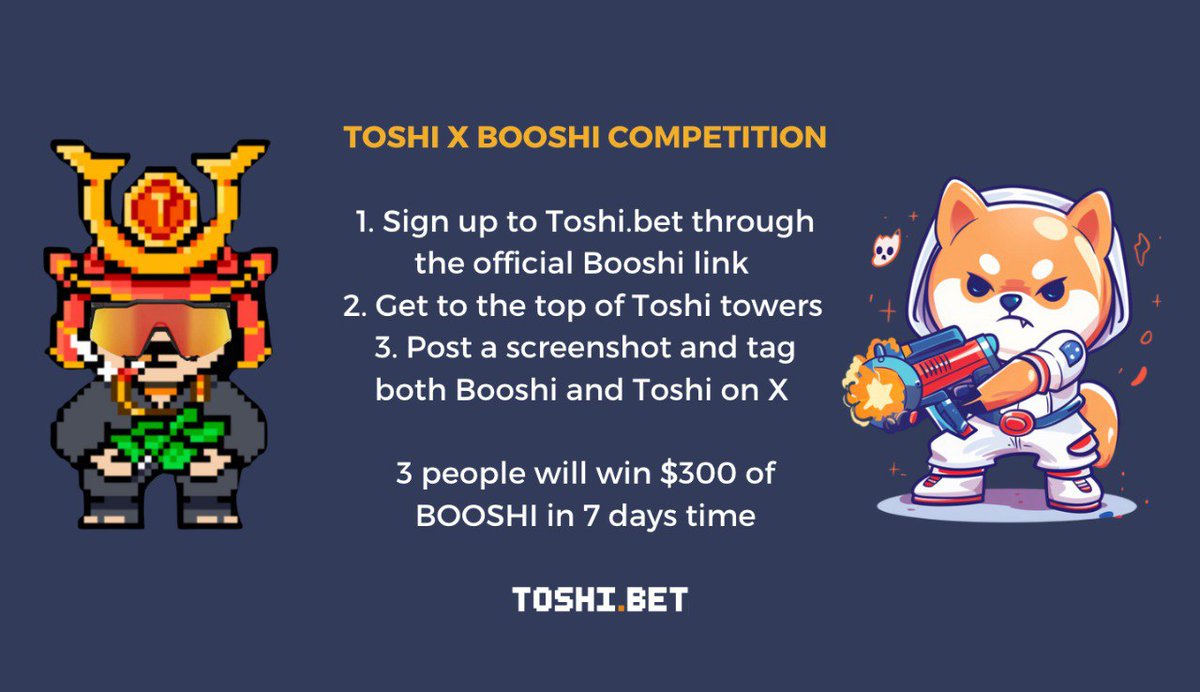 TOURNAMENT ALERT 

Booshi has teamed up with @Toshibet for an exciting challenge! 

 How to join: 
1️⃣ Sign up on Toshi.bet using the official Booshi link:  toshi.bet/r/Booshi
2️⃣ Climb to the top of Toshi Towers! 
3️⃣ Share a screenshot and tag both <a href="/BooshiBase/">BooshiBase</a>