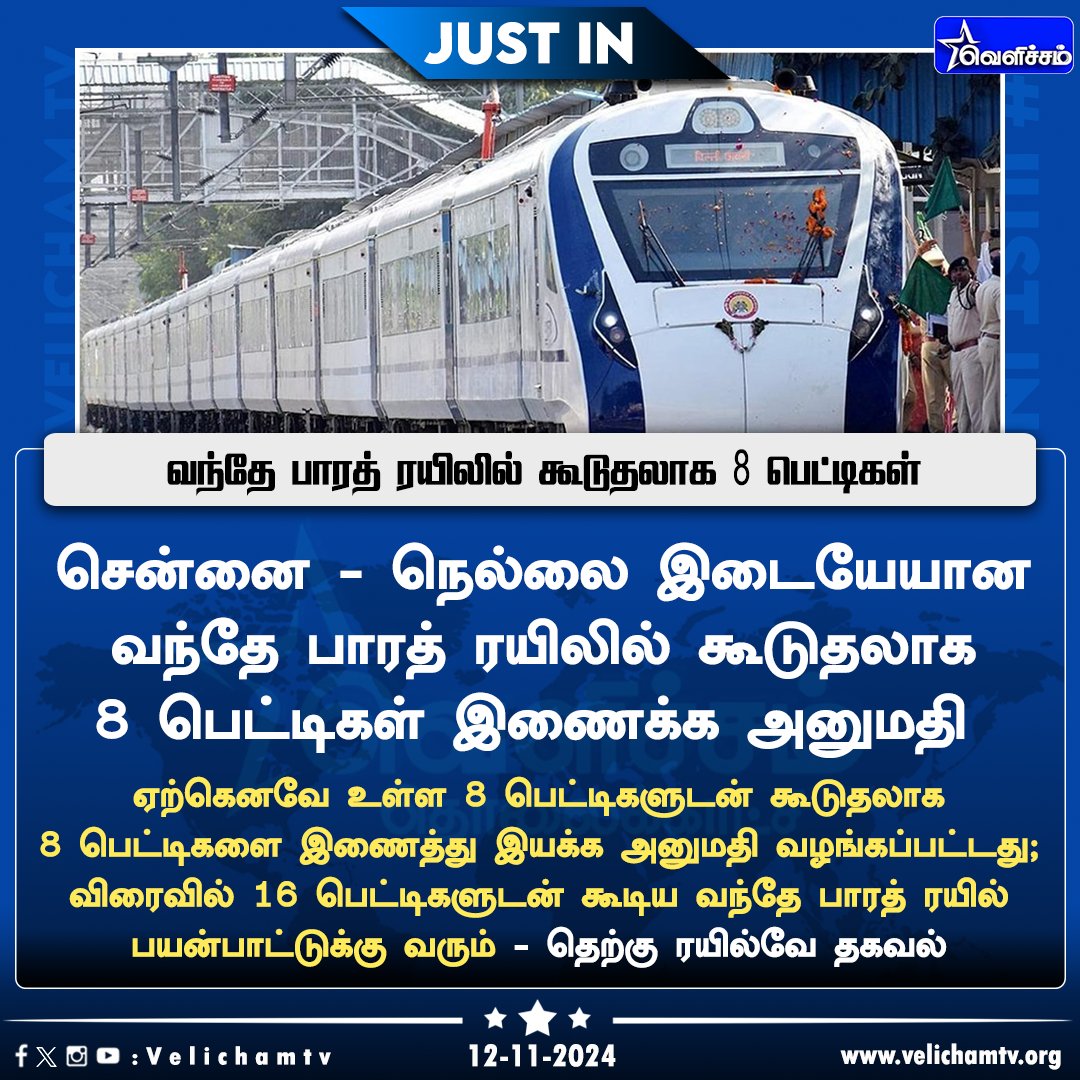 velichamtvtamil's tweet image. வந்தே பாரத் ரயிலில் கூடுதலாக 8 பெட்டிகள்   #Chennai | #Nellai | #VandeBharatExpress | #VandeBharat | #VelichamTV
