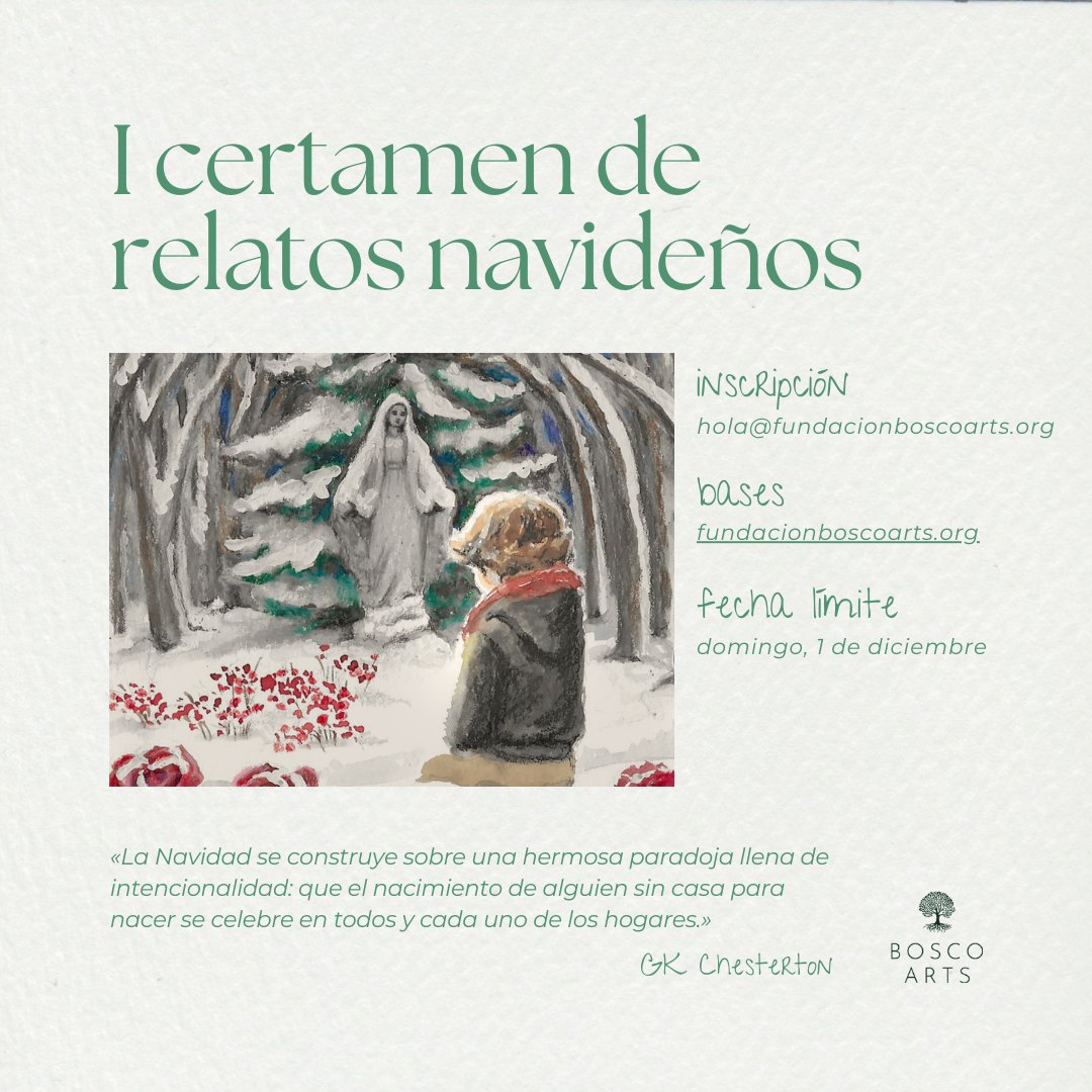 La Fundación Bosco Arts realiza el I Certamen literario de relatos navideños con la ilusión de fomentar la buena literatura y de fomentar de nuevo el sentido de la Navidad en nuestra cultura.

Bases: fundacionboscoarts.org/pages/relatos-…