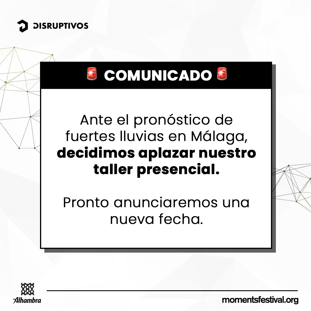 disruptivos's tweet photo. ¡Estábamos emocionados de veros mañana!, pero las predicciones meteorológicas para Málaga nos obligan a tomar precauciones. 🌧️
Posponemos nuestro taller presencial para garantizar una experiencia segura  todos. Pronto os informaremos sobre la nueva fecha. https://t.co/KiKpGsOh3V