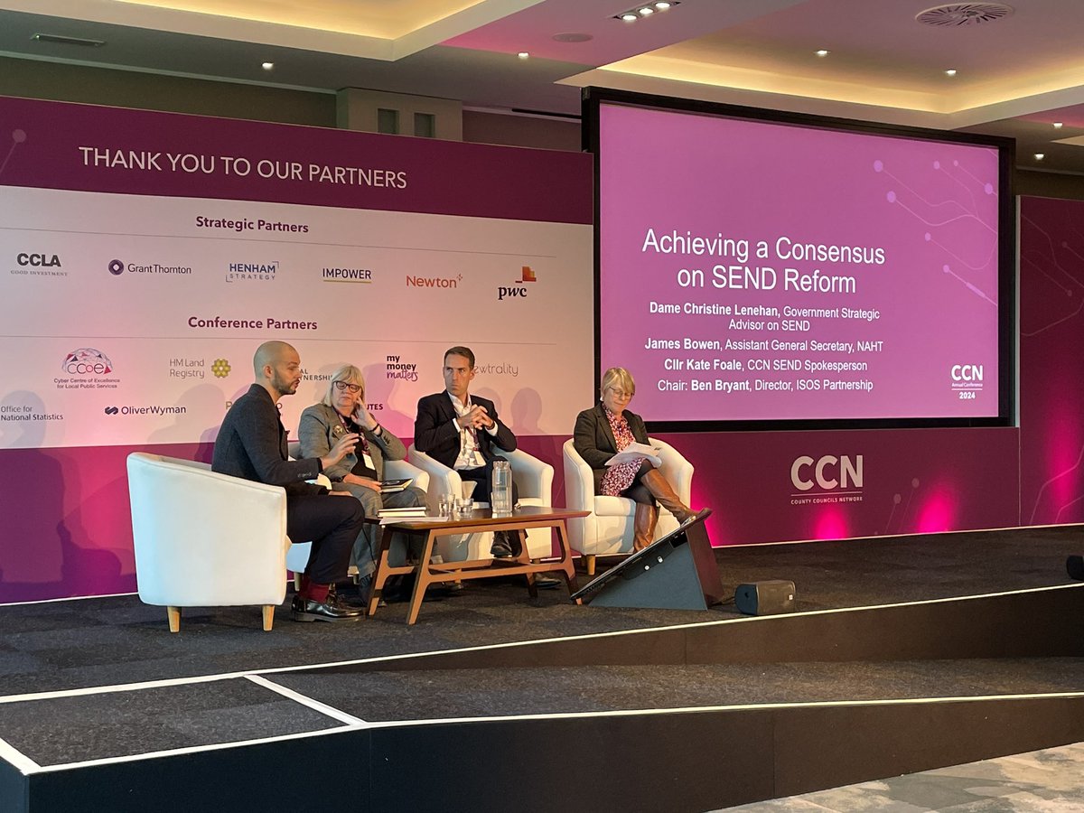 County Councils Network (@ccnoffice) on Twitter photo Our last session at CCN Conference 2024 is a major one, with our panel <a href="/KateFoale/">Kate Foale</a> <a href="/JamesJkbowen/">James Bowen</a> <a href="/NAHTnews/">NAHT</a>, Dame Christine Lenehan and Ben Bryant discussing how he achieve a consensus on SEND reform.
Recap on our SEND report: countycouncilsnetwork.org.uk/educational-ou… Our last session at CCN Conference 2024 is a major one, with our panel <a href="/KateFoale/">Kate Foale</a> <a href="/JamesJkbowen/">James Bowen</a> <a href="/NAHTnews/">NAHT</a>, Dame Christine Lenehan and Ben Bryant discussing how he achieve a consensus on SEND reform.
Recap on our SEND report: countycouncilsnetwork.org.uk/educational-ou…
