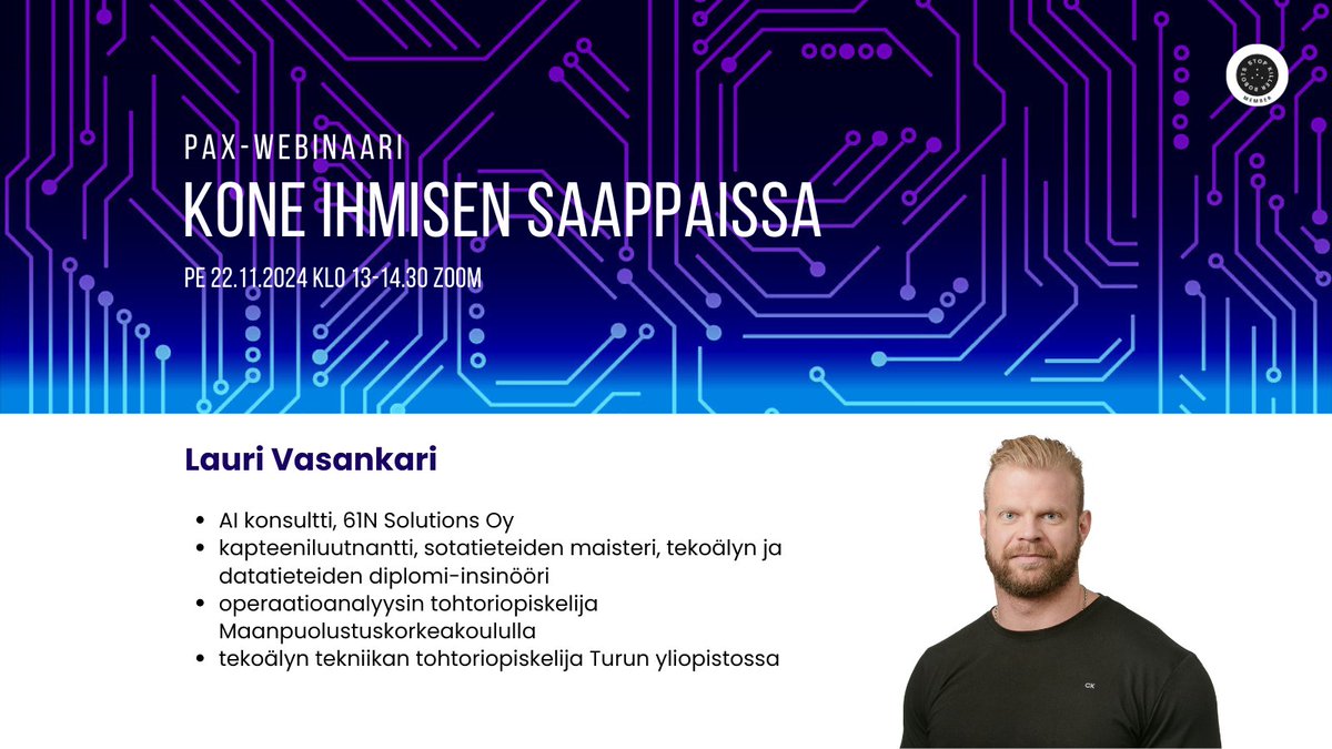 Monella alalla ansioituneelta kapteeniluutnantti Lauri Vasankarilta kuulemme webinaarissamme tekoälystä sodankäynnissä - sen tasoista, tarkoitusperistä ja vaikutuksista.

Osallistu keskusteluun ilmoittautumalla webinaariin: us06web.zoom.us/meeting/regist…