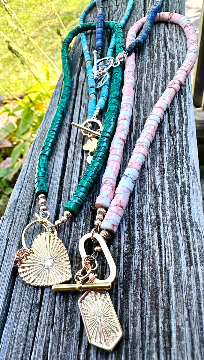 Genuine smooth barrel gemstone beads with charms adorning the clasp. Wear the clasp in front! 
choose your style and size. 
This gemstone charm necklace features stunning natural gemstones that add a touch of elegance and sophistication to any outfit.
$48