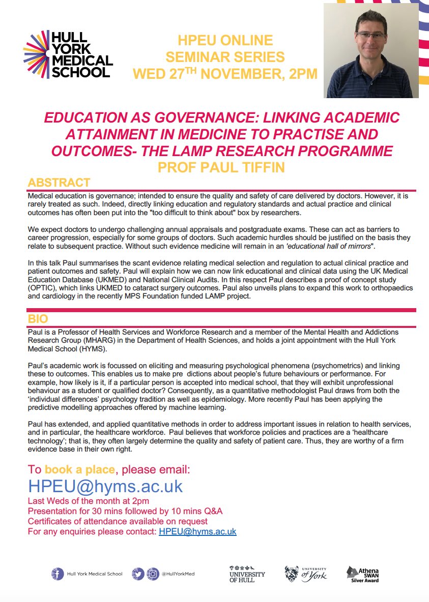 Health Professions Education Unit (HPEU) (@hpeu_hyms) on Twitter photo Our next seminar will host Prof Paul Tiffin, discussing his work looking at linking academic attainment in medicine to actual clinical practice/patient outcomes. Not one to be missed! Always lots of interesting discussions when Paul has the floor! <a href="/Mildredkehoe/">Millie Kehoe</a> <a href="/pes_crampton/">Paul Crampton</a> Our next seminar will host Prof Paul Tiffin, discussing his work looking at linking academic attainment in medicine to actual clinical practice/patient outcomes. Not one to be missed! Always lots of interesting discussions when Paul has the floor! <a href="/Mildredkehoe/">Millie Kehoe</a> <a href="/pes_crampton/">Paul Crampton</a>