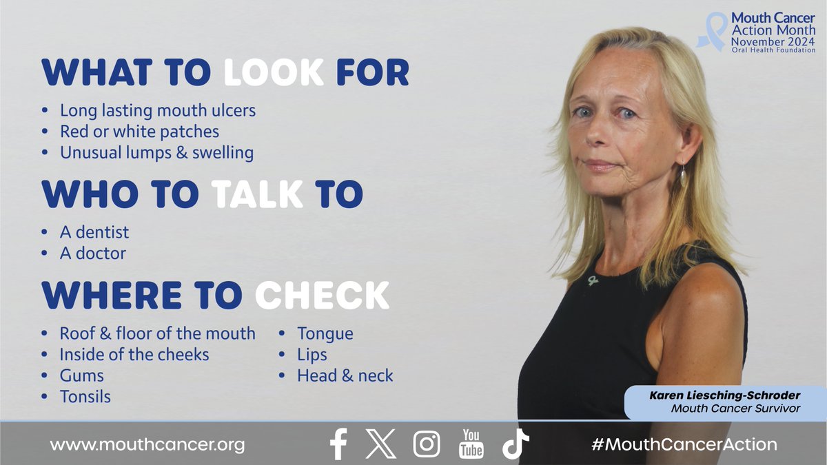 Learn what to look for, where to check, and who to talk to about mouth cancer symptoms. #MouthCancerAction