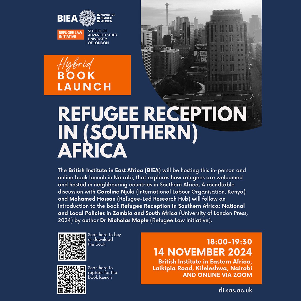 #BIEAaEvents 

✔️Refugee Law Initiative &amp; British Institute in Eastern Africa invite you to explore how refugees are welcomed &amp; hosted in neighbouring countries in Southern Africa at the Book launch: Refugee Reception in (Southern) Africa

✅tinyurl.com/Join-BIEAaEven… 

<a href="/RLI_News/">Refugee Law Initiative</a>