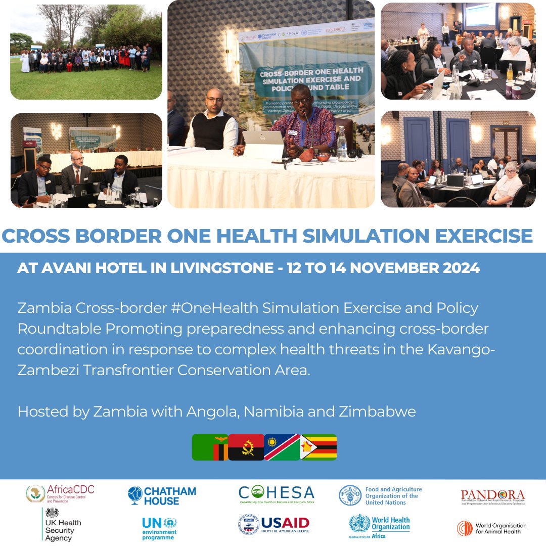 Happening now in Livingstone! 🌍 Cross-border #OneHealth simulation exercise to strengthen preparedness &amp; coordination for health threats in the Kavango-Zambezi Transfrontier Conservation Area.
