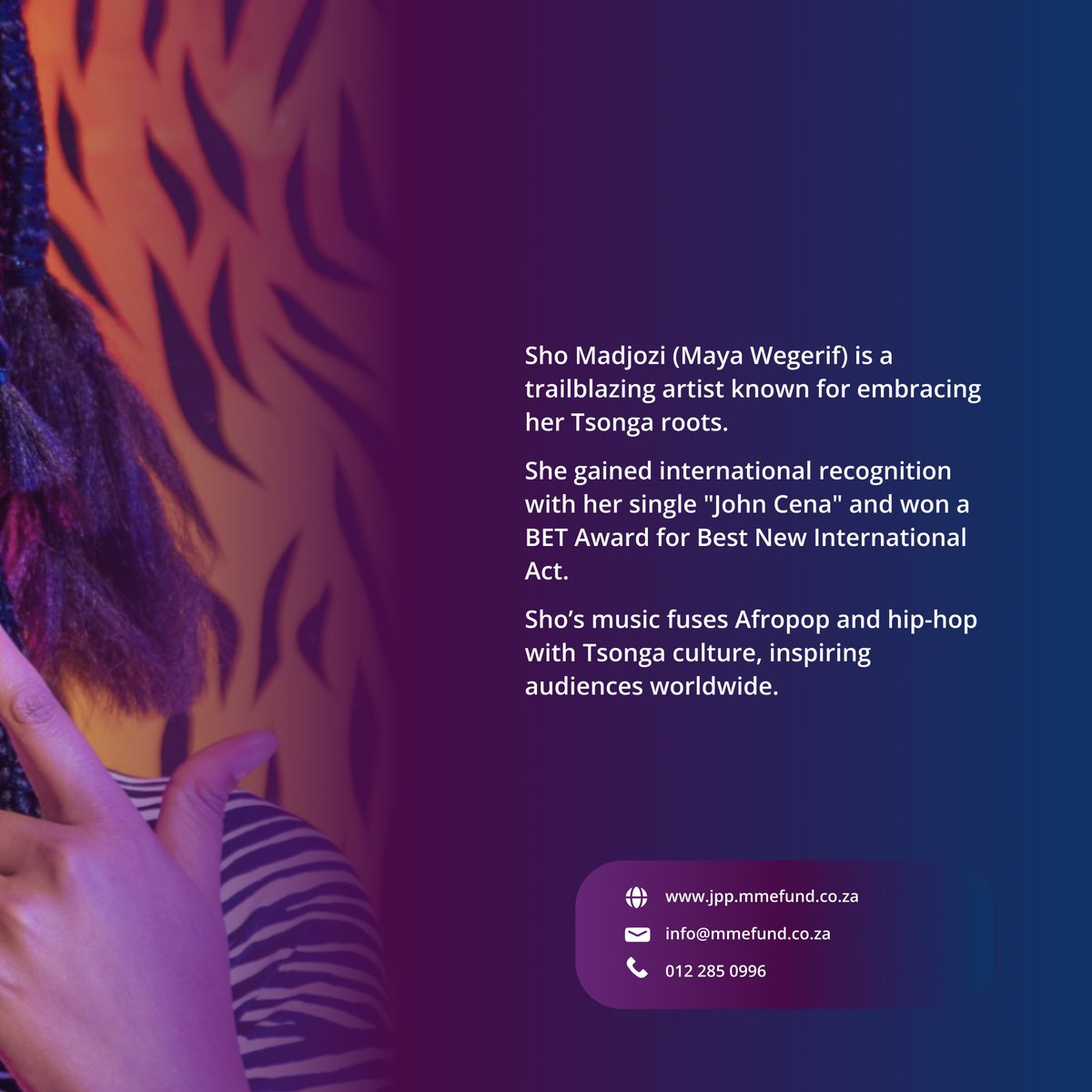 MMEFund's tweet photo. Her style, her energy, her Tsonga pride! This #MusicMonday, we’re jamming to Sho Madjozi, who’s taken SA and the world by storm.
#ShoMadjozi #SAExcellence #TsongaVibes #MMEF #Invest #Mzanzi #Investment #Returns #Entertainment #Media #MzanziMediaFund #EntertainmentFunding https://t.co/ERKUbDJSou