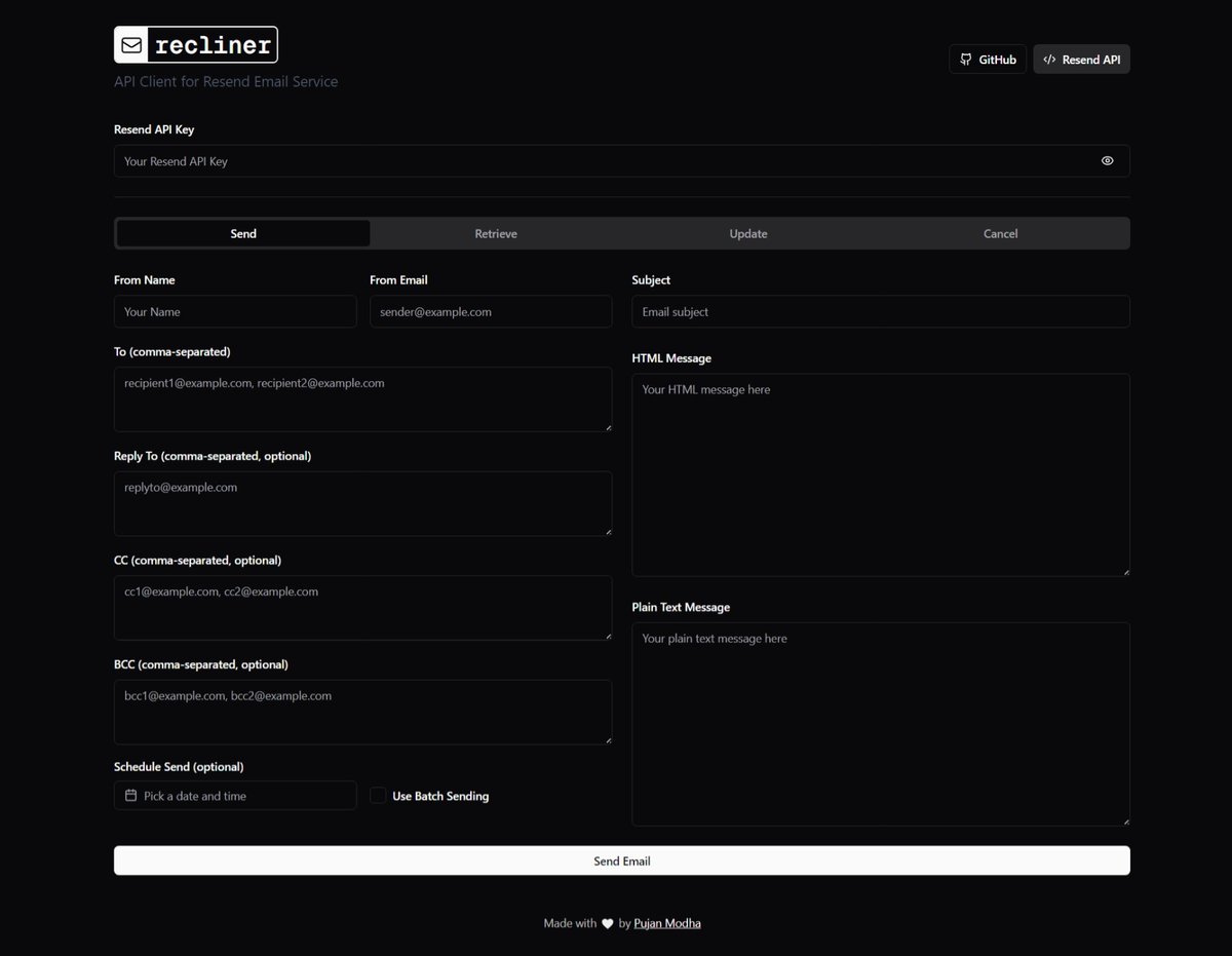 pujan_modha's tweet photo. 🚀 Introducing Recliner! Built initially as a quick fix, now a full @resend API client, hosted on @vercel.

Check it out 👉 https://t.co/AnXGj23HsH

And if anyone’s hiring someone who turns quick tools into real solutions... well, here I am. 😉

#OpenSource #Vercel #Nextjs https://t.co/d06HLeonpP