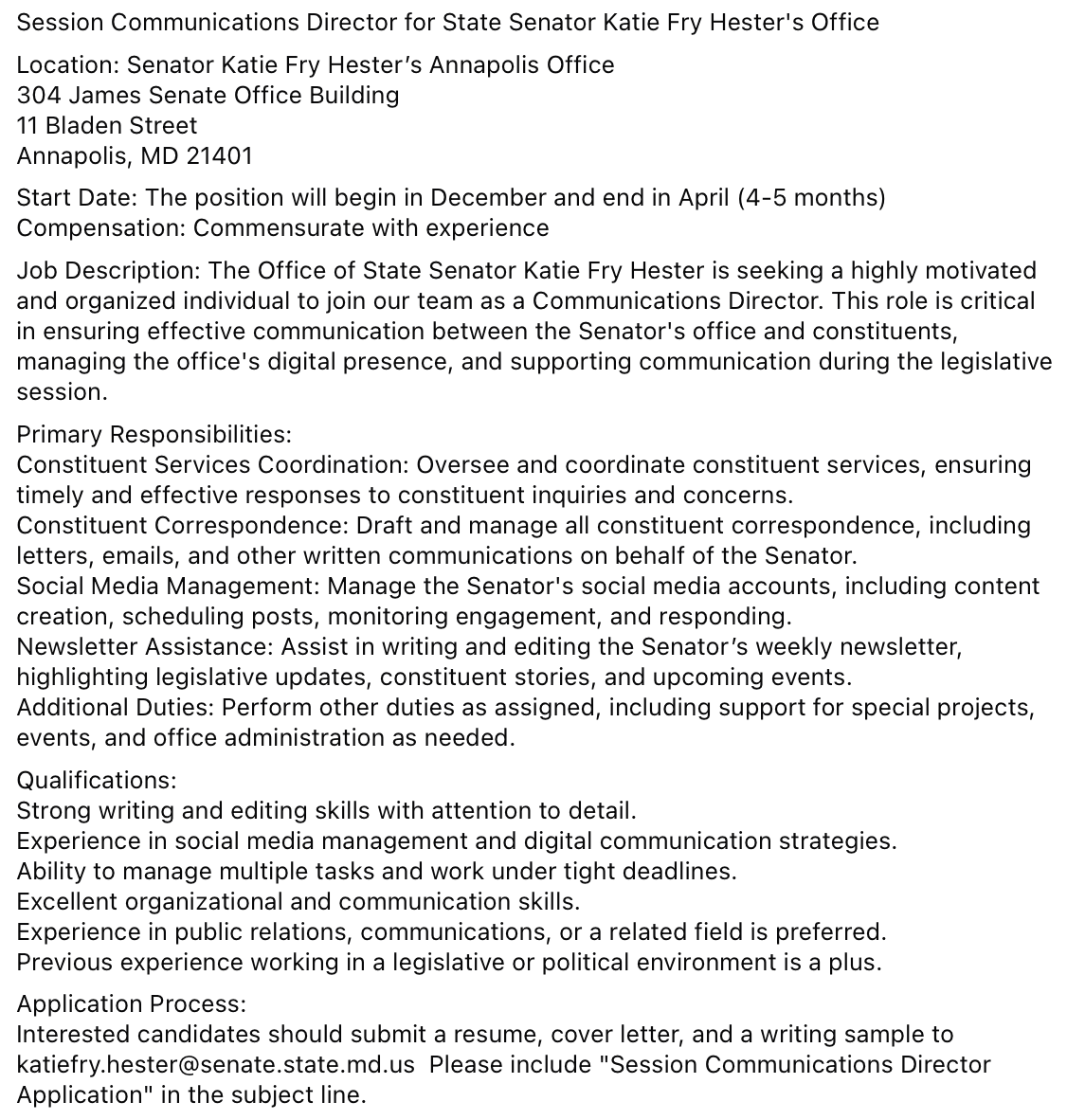 Katie Fry Hester (@katiefryhester) on Twitter photo We are #hiring for a Communications Director! If you are passionate about state policy and want to join a team that is making a difference this job is for you! This role starts in December and ends in April - and is amazing for networking for future opportunities. <a href="/MDSenate/">MD Senate Democrats</a> We are #hiring for a Communications Director! If you are passionate about state policy and want to join a team that is making a difference this job is for you! This role starts in December and ends in April - and is amazing for networking for future opportunities. <a href="/MDSenate/">MD Senate Democrats</a>