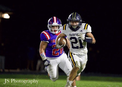 Fairfield12Man's tweet photo. Congratulations to the following players who have made the NECC All Conference Team.

1st Team
#33 Hunter Kauffman (LB)
#42 Breckan Maran (RB)
#63 David Almiray (OL)

Honorable Mention 
#21 Blake Metzger (DB) https://t.co/n2NZ52wtep