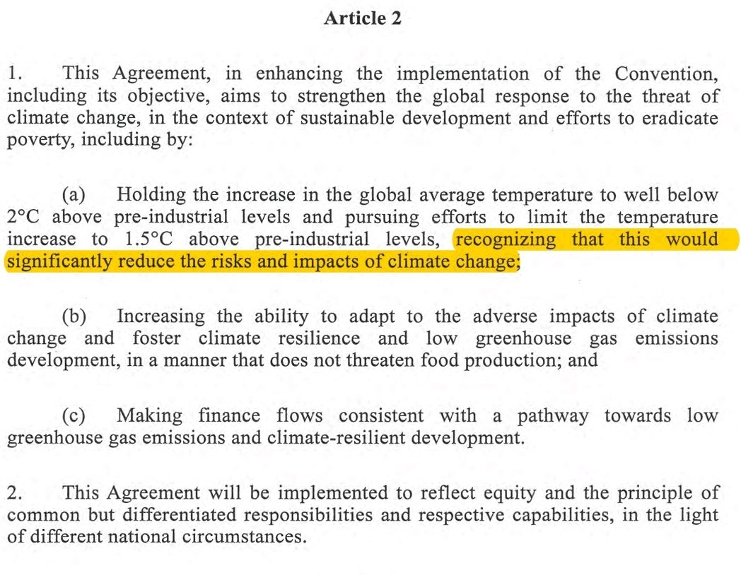 LeonSimons8's tweet photo. A primary goal of the Paris agreement is to "significantly reduce the risks and impacts of climate change".

Temp limits were just a bad attempt at making it quantifiable.

As the science indicates that we reach temps of the Eemian, when sea levels were 6-9 m higher, that should be communicated.

https://t.co/lcrgp5bI0M