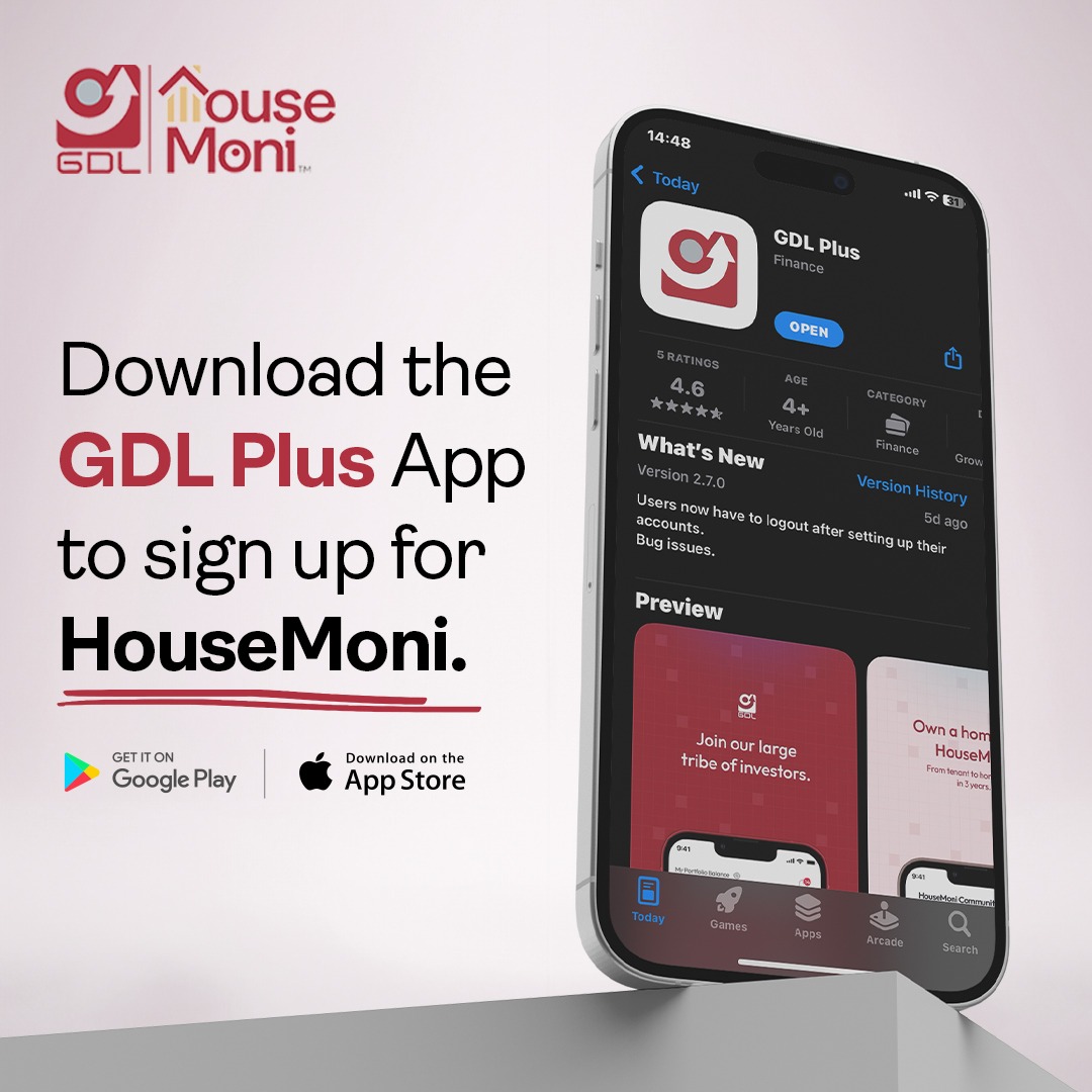 Less than 25% of Nigerians are homeowners, don't stay part of the statistics...

Make the move from tenant to Landlord by downloading the GDL Plus App and signing up for HouseMoni today.

Call 07000500600 or visit housemoni.ng for more.