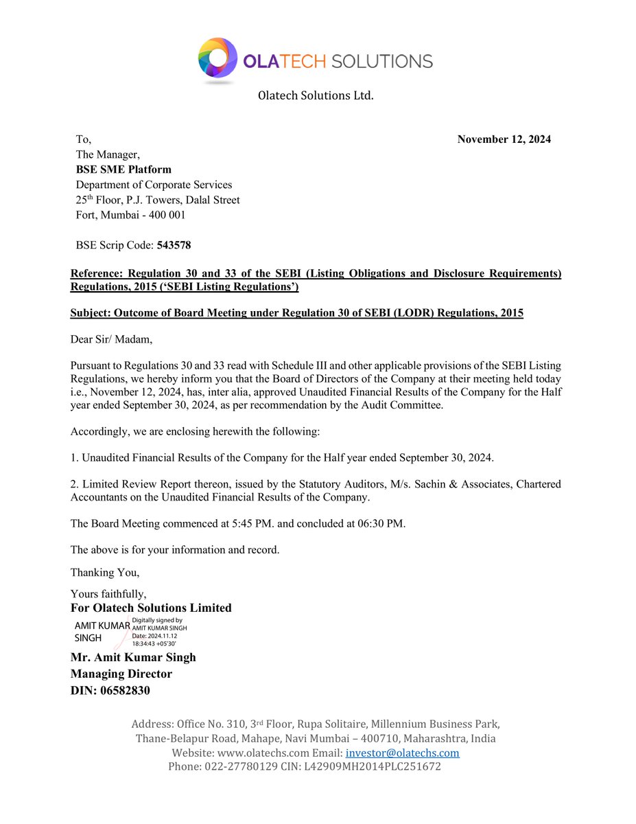 nileshkurhade's tweet photo. ๐ Olatech Solutions Ltd informed the exchange about its approval for the financial results for the half year ended September 30, 2024. #SME #OLATECH ๐๐งพ https://t.co/vpTLwdx1N1