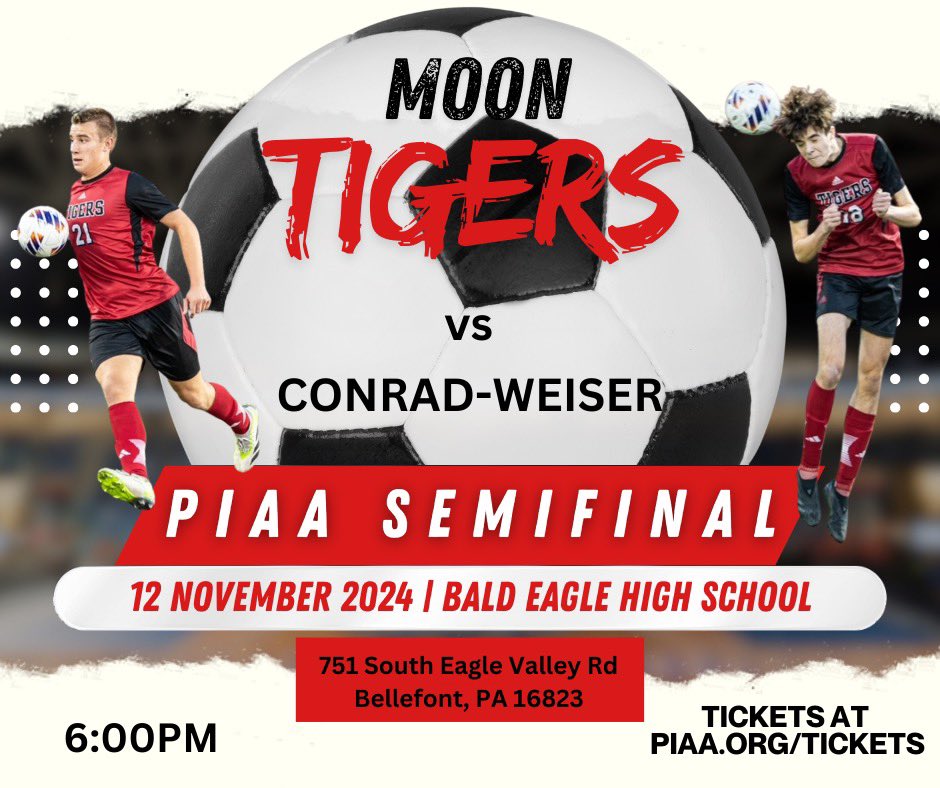 It’s GAMEDAY!!!! We head to Bald Eagle High School to play Conrad Weiser in the PIAA Semifinals! It’s a 6pm kickoff! The winner heads to the state championship Friday morning! #mahs #COYT <a href="/pghsoccernow/">Pittsburgh Soccer Now</a> <a href="/MoonTigersAD/">Moon Area Tigers</a> <a href="/timesscores/">The Times Sports</a>